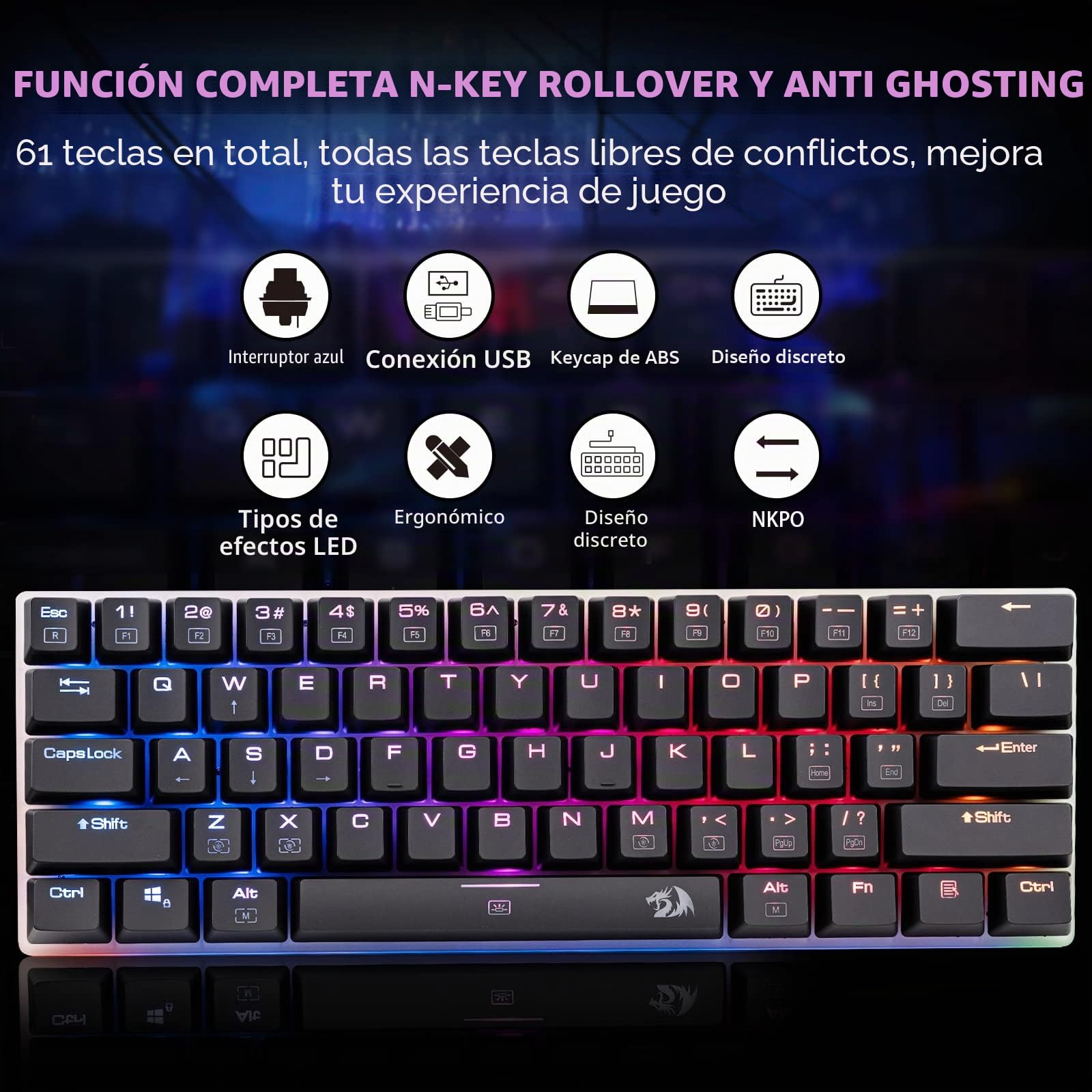 Redragon K605 Alien Giant - Teclado mecánico para Juegos, 61 Teclas súper Grandes e Interruptor Azul Outemu, retroiluminación LED RGB ergonómica, con Cable Tipo C, tecla Completa, sin conflictos,