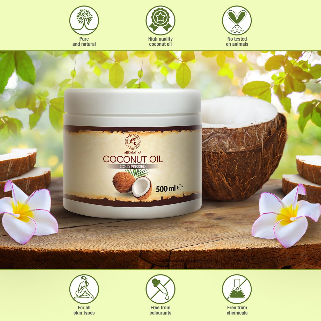 Coconut Oil 500ml - Cocos Nucifera Oil - Indonesia - 100% Pure & Natural Cold Pressed - Best Benefits for Skin Hair Face Body Care - Unrefined Coconut Oils