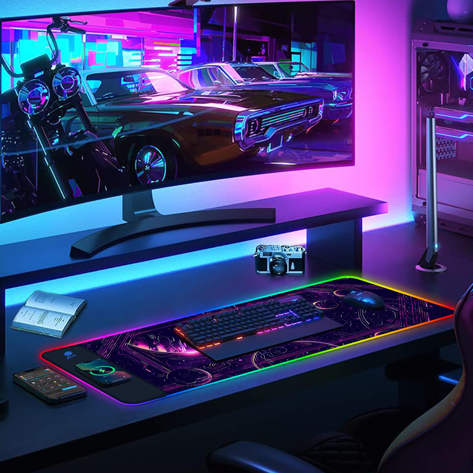 AIMSA Tappetino per mouse da gioco RGB con ricarica wireless, grande tappetino per mouse con 14 modalità di illuminazione a LED, base in gomma antiscivolo, impermeabile, per decorare casa e ufficio,