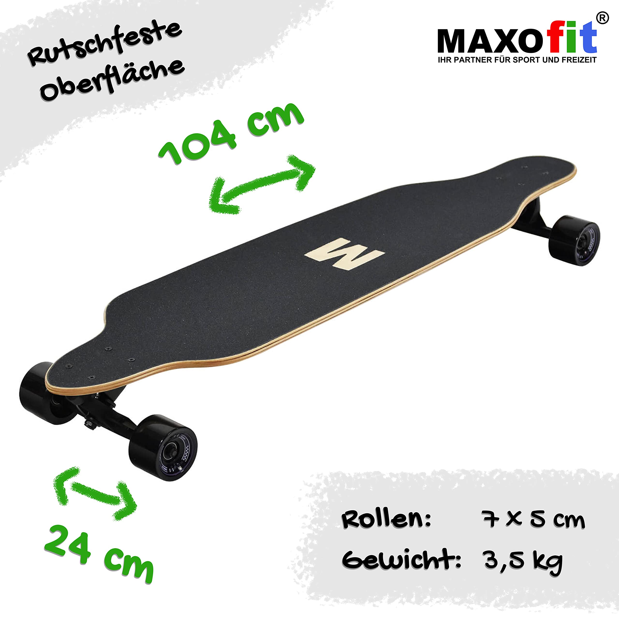 Longboard MAXOfit en diferentes diseños con tablas de madera de arce/bambú de alta calidad para principiantes y avanzados.