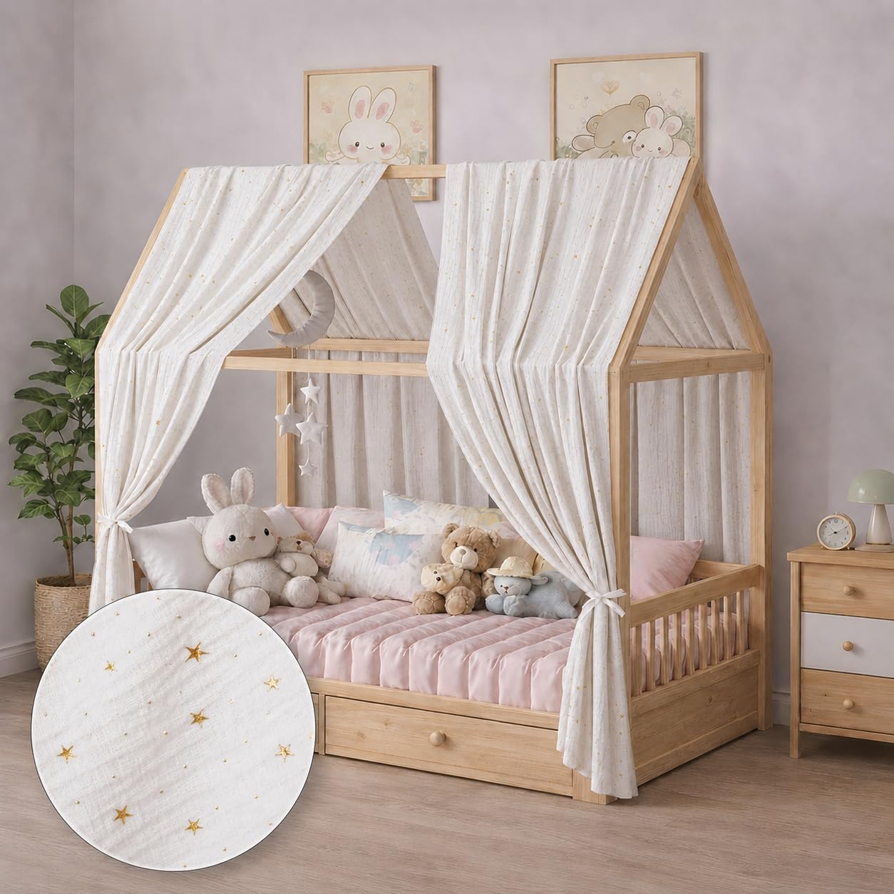 Ciel de lit cabane avec étoiles dorées, Lot de 2 pièces, 100% Coton Mousseline Fait Main, Voilage décoratif pour lit cabane, Filles et garçons（Blanc, 65 X 270 cm）