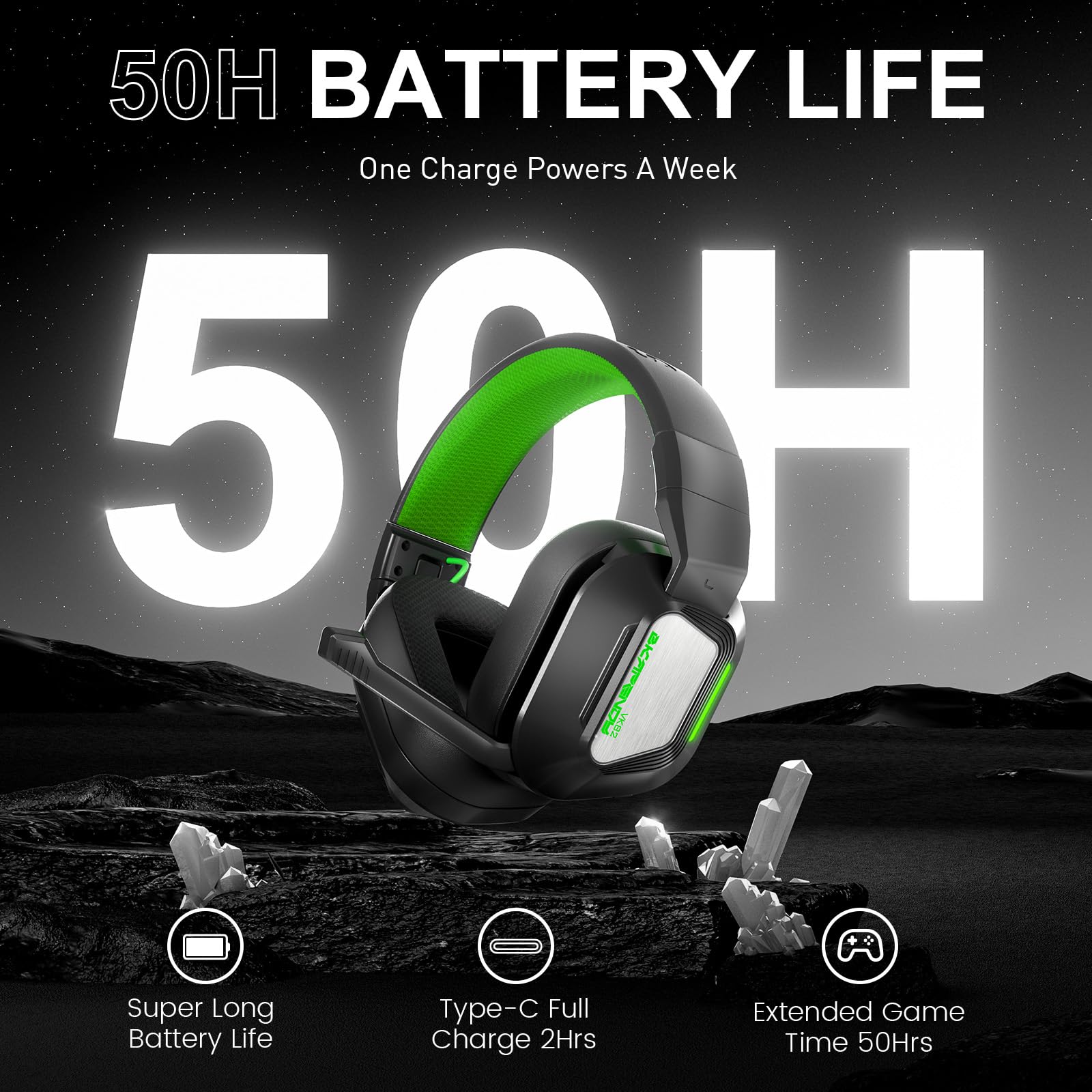 VK82 Casque Gaming sans Fil avec Microphone, 2.4GHz Casque Bluetooth Annulant Le Aruit pour Ps4, Ps5, PC, Switch, Mac, Casque de Jeu Pliable avec Éclairage RGB, Batterie de 50h -Noir Vert