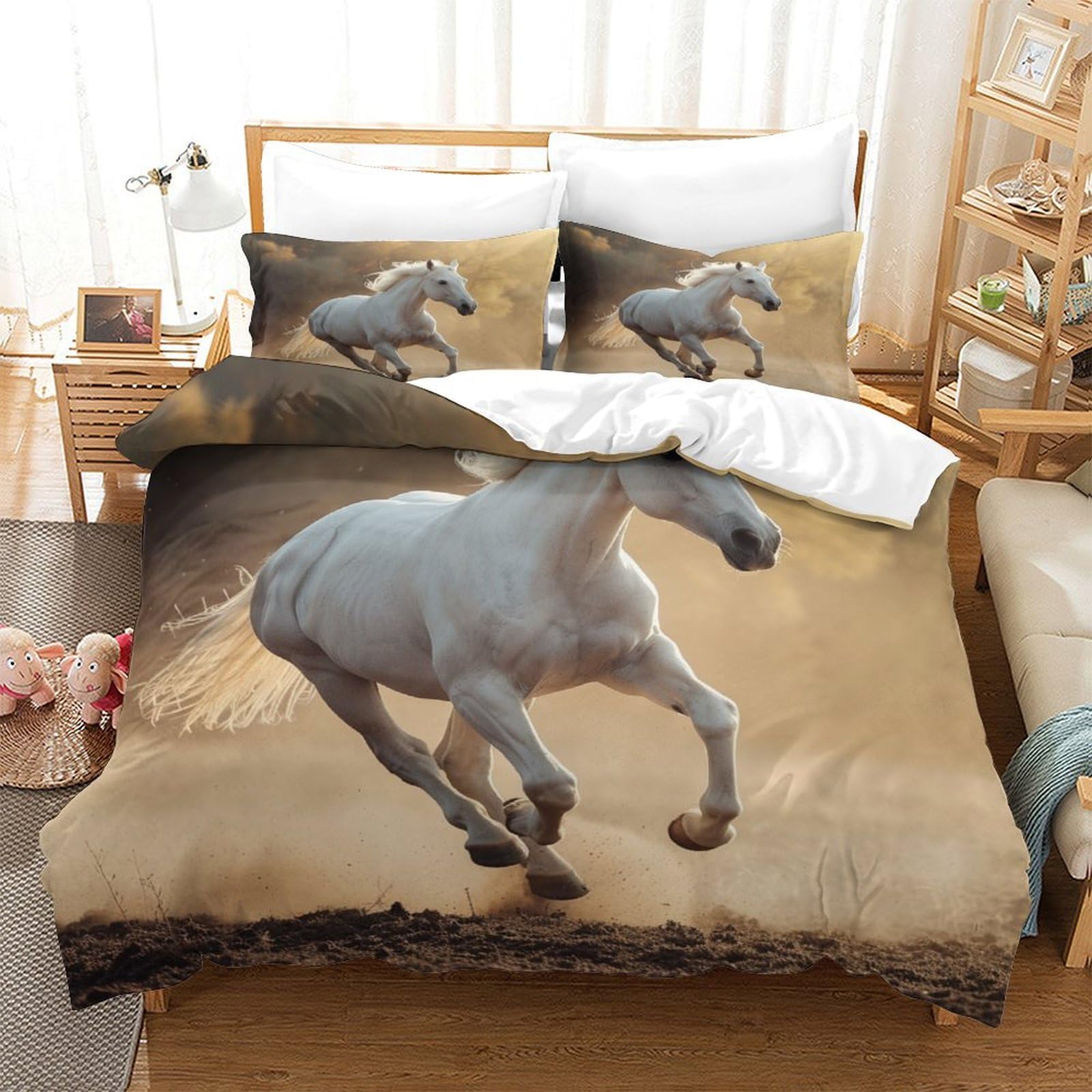 P1S9U7W5Y Elegant Horse 3D Printed Duvet Cover Set 3pcs Microfiber Galloping Horse Bedding Set King（220x240cm）