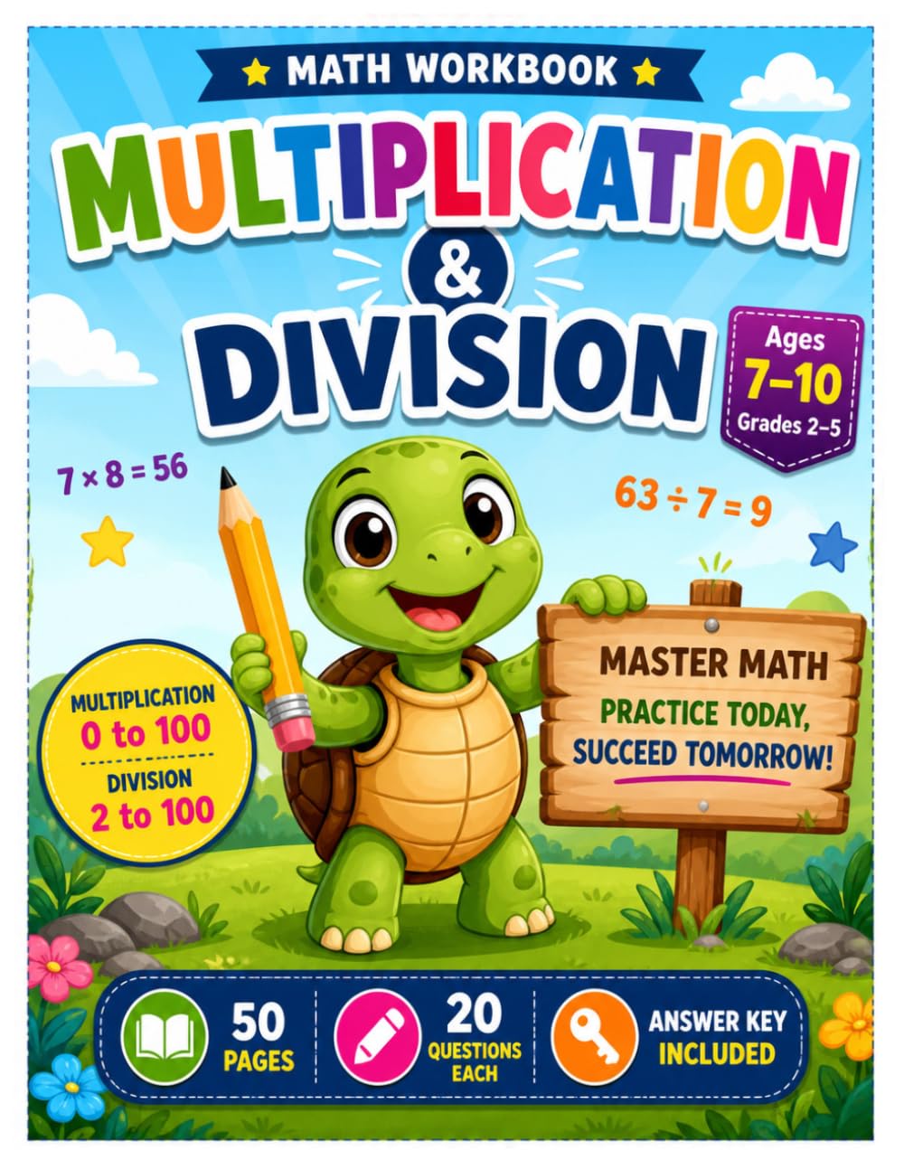 Multiplication & Division Workbook for Kids Ages 7–10: 50 Pages | 20 Questions Each | Answer Key Included