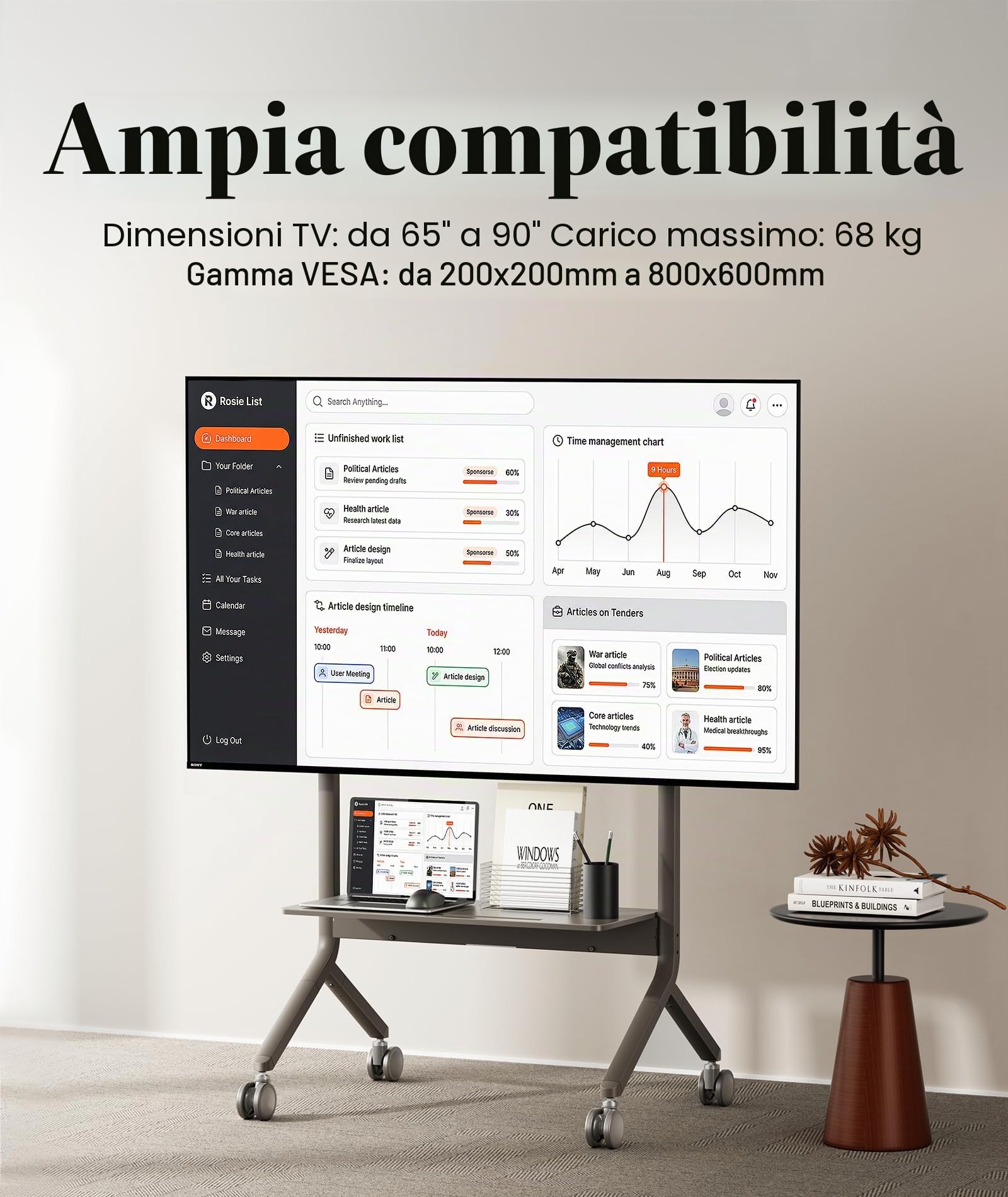 NB Ergonomic Supporto TV su Rotelle per Schermi Fino a 90 Pollici - Carico massimo 68 kg, Altezza Regolabile | VESA 200x200 a 800x600 P150