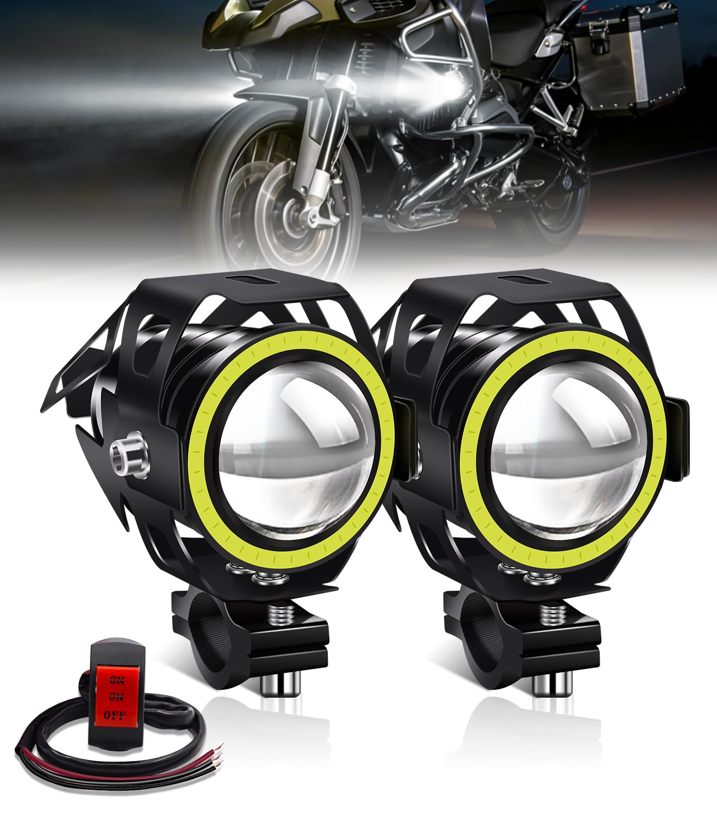 Phares LED Moto avec Blanc Halo Angel Eye, 2 Pièces avec Interrupteur