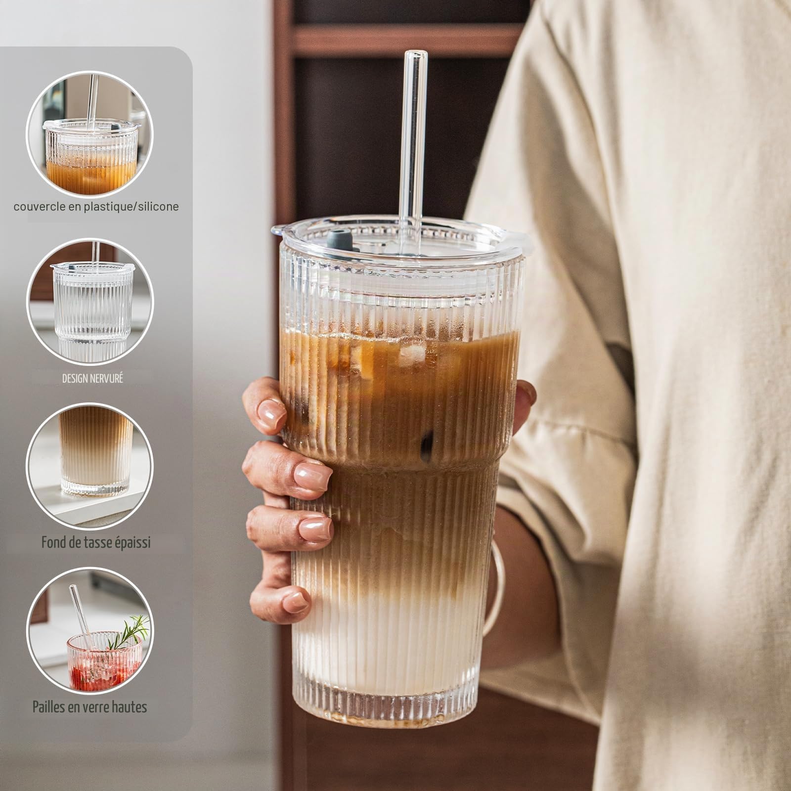 INSETLAN Lot de 4 gobelets en verre nervuré de 591 ml avec couvercles et pailles en verre – Paroi épaisse, idéal pour le café glacé, les smoothies, les cocktails et les jus – Vaisselle élégante et