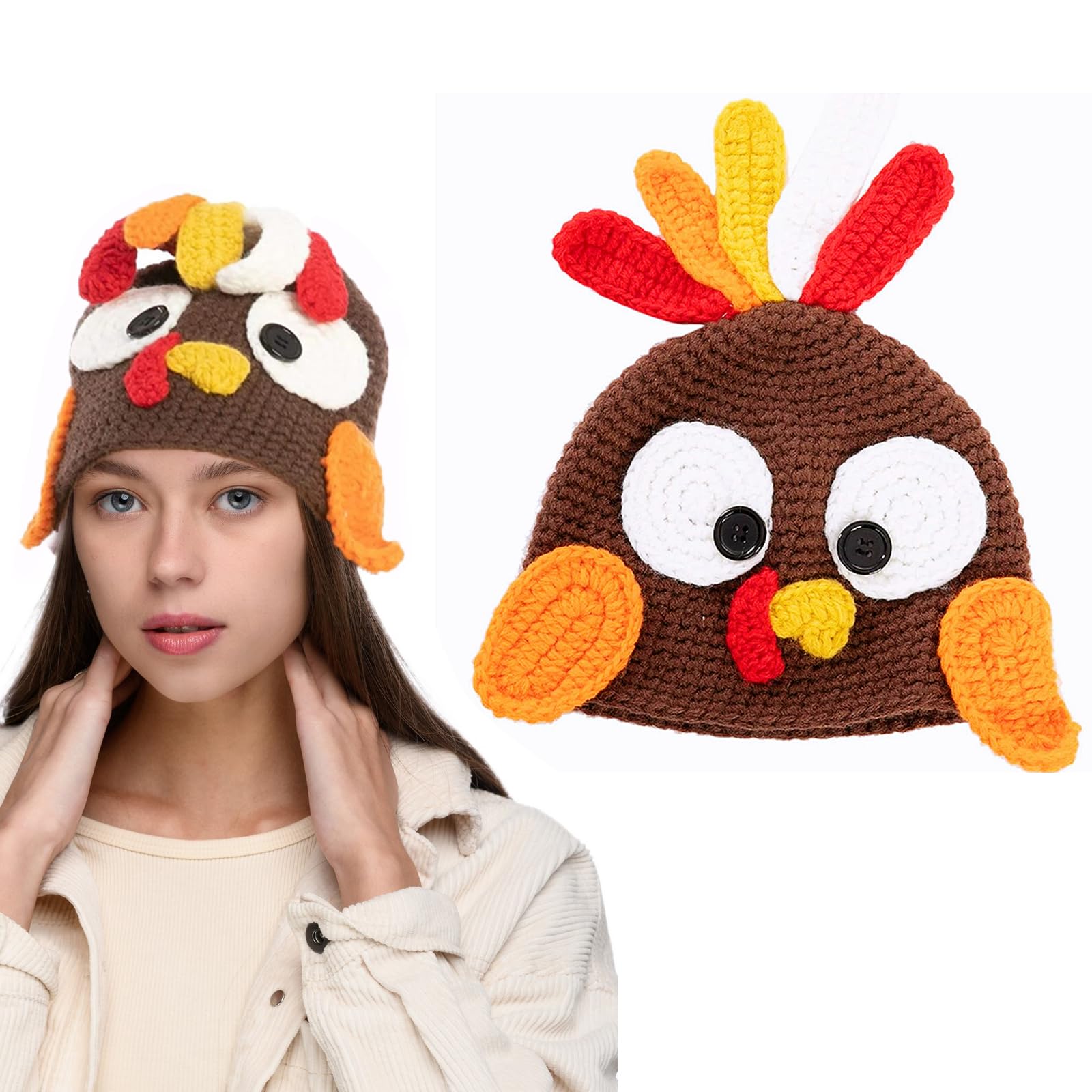 eyigylyo Thanksgiving Turkey Beanie Knitted Hat for Adults, Pom Pom Turkey Trot Hat for Thanksgiving Day Costume Dress up Accessory