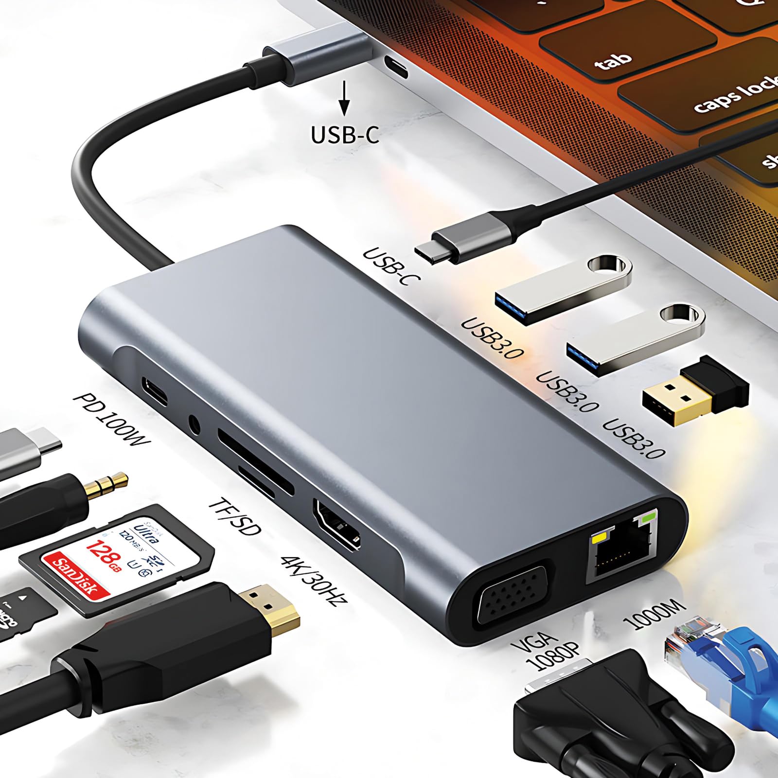 VALUE Docking station USB tipo C, HDMI 4K60, 1 Gigabit Ethernet, 2 USB A + tipo C PD, 1 SD/microSD, 1 audio
