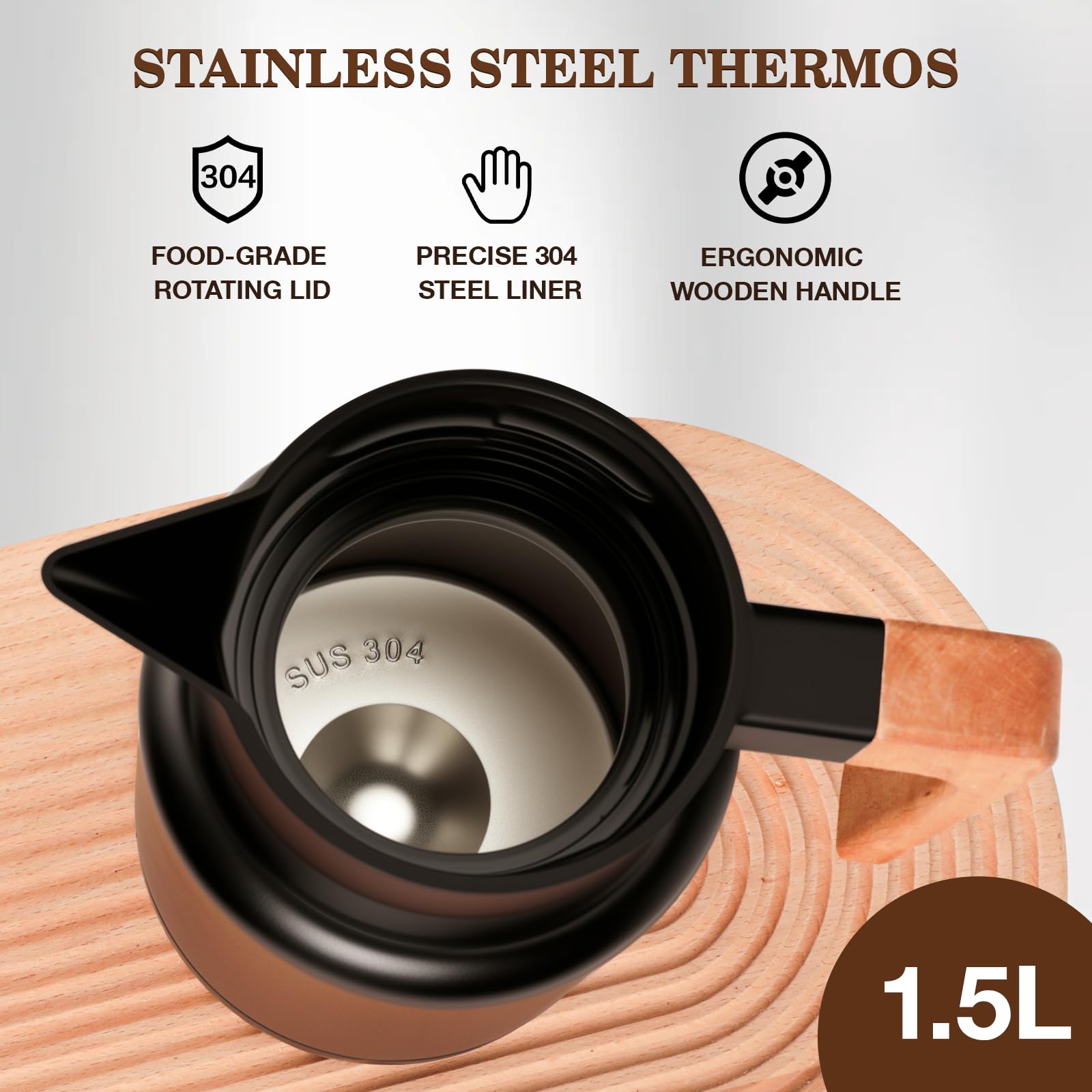 VINATO Thermos Café en Acier Inoxydable 304 - Pichet Isotherme Sans BPA avec Poignée Effet Bois, Étanche pour Café, Thé et Lait, Bouteille Isotherme 1,5L