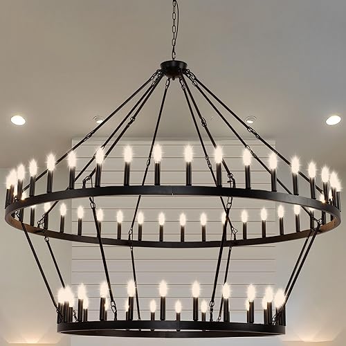 Candelabro de rueda de carro extragrande de 70 pulgadas, 2 niveles, 64 luces, lámpara colgante de casa de campo, iluminación colgante redonda
