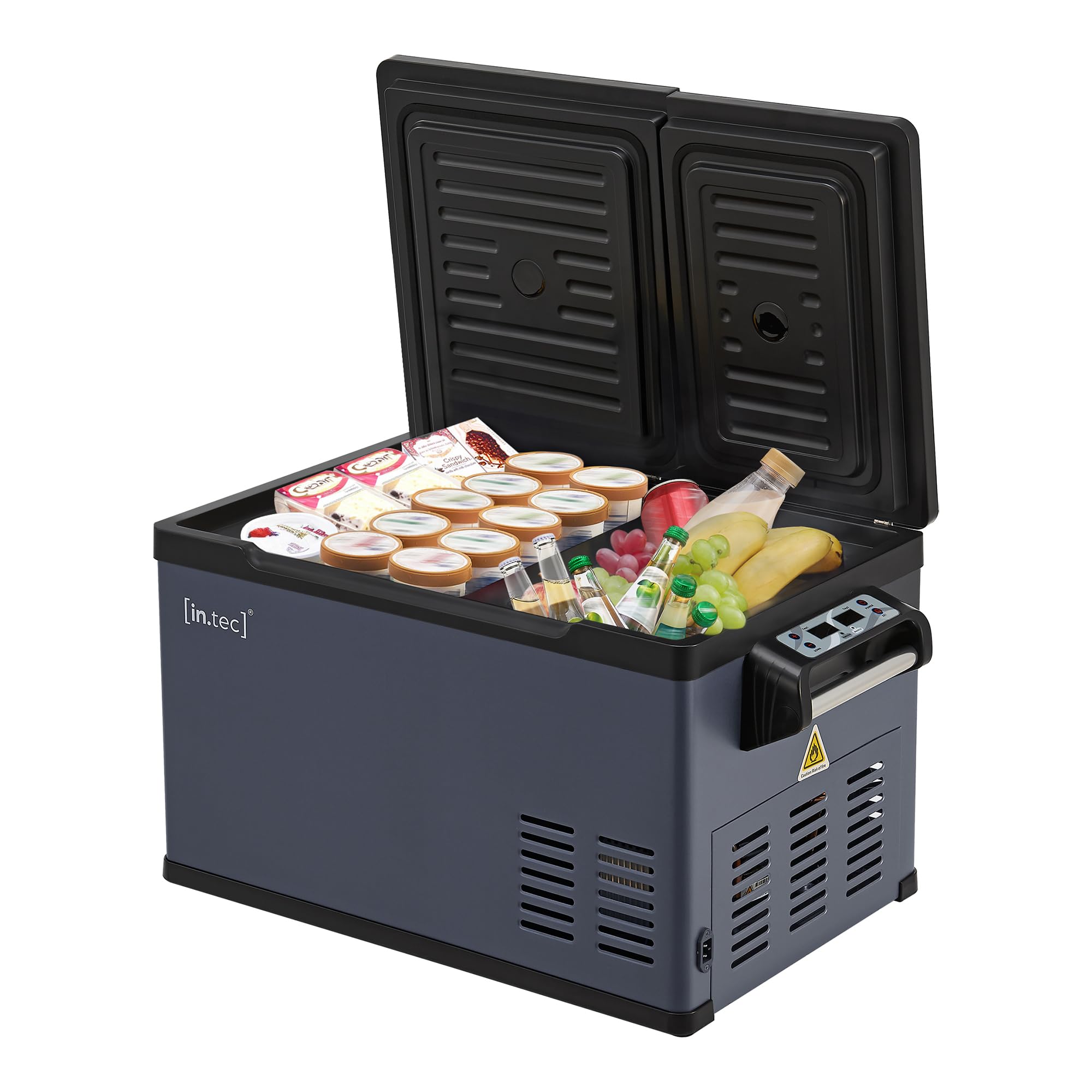 in.tec Alberona lodówka samochodowa z kompresorem, 26 l, elektryczna zamrażarka do samochodów i gniazdka, 12/24 V, przenośna, stalowa, niebiesko-szara
