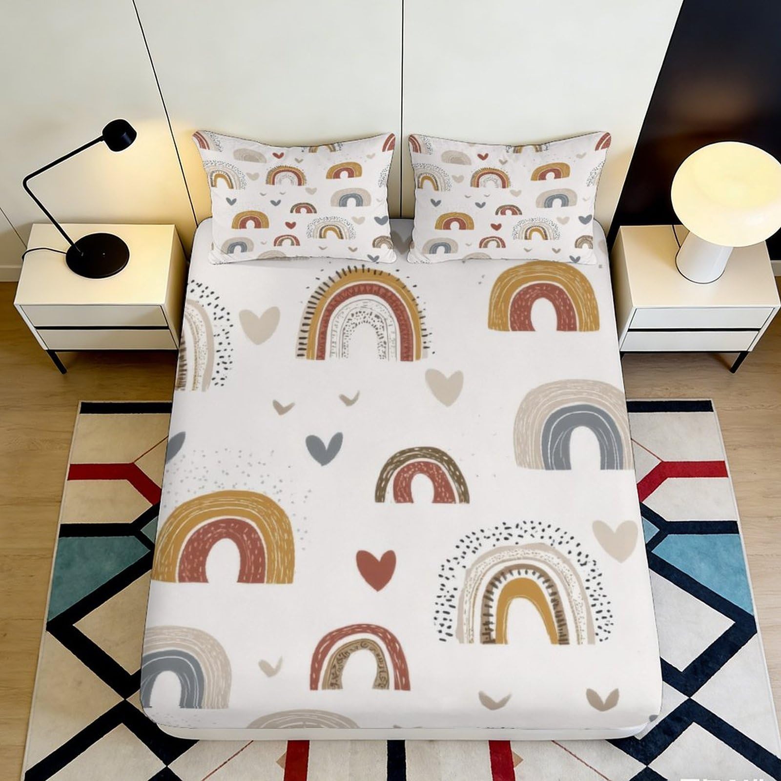 3D Printed Rainbow Pattern Fitted Sheet Microfiber Soft Breathable Heart Design Mattress Cover for Bedroom Dormitory Guest Room Protection Decoration 140x200x25cm