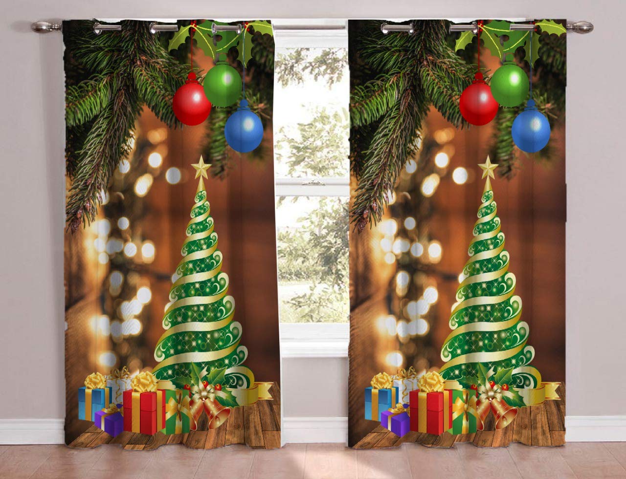Blenzza Deco™ Polyster 3D Digital Print Christmas Eyelet Curtains Set of 2 (Tree & Gifts, Door 4 * 7 Feet)