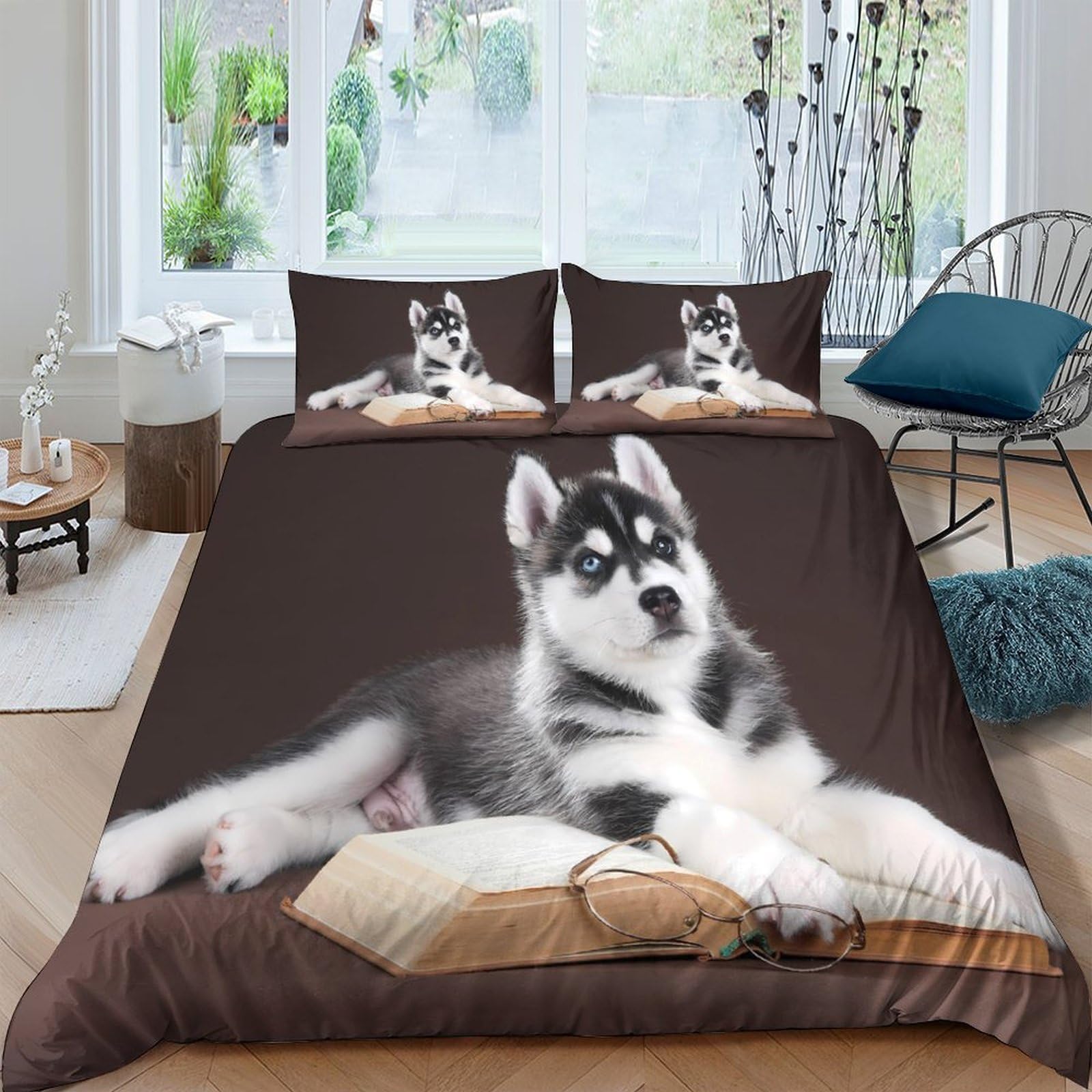 Ctjqhvkz Style-5 3D Printed Husky Puppy Fitted Sheet Microfiber Soft Non-Slip Mattress Cover Bedroom Decor Machine Washable Single（135X200cm）