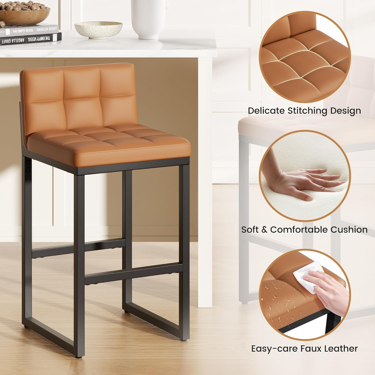 24" Bar Stools Set of 4, Modern Faux Leather Counter Height Bar Stools with Low Back and Footrest, Sturdy Thickened Metal Leg, Upholstered Kitchen Bar Chairs for Island, Orange