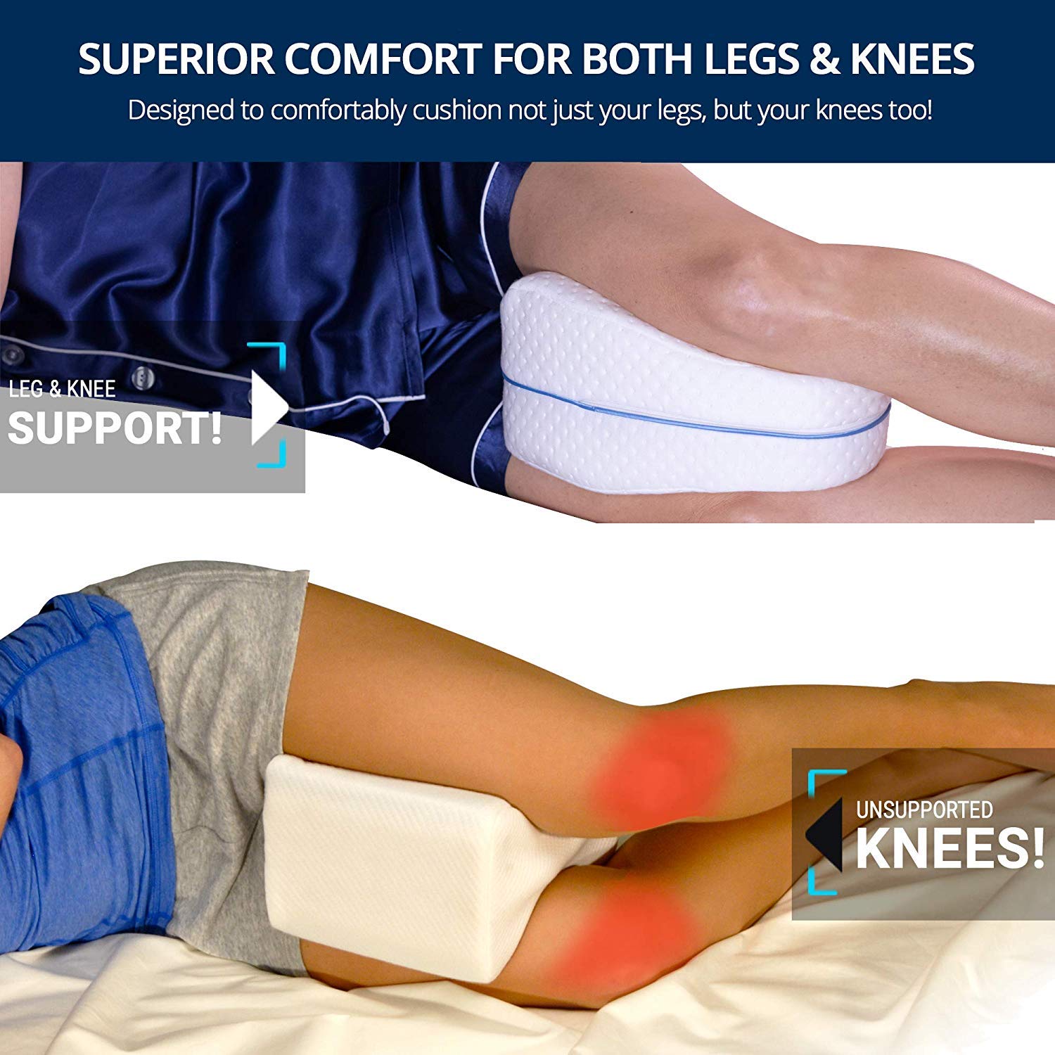 Memory Foam Knee Pillow For Side Sleepers - With Elastic Band For Hip, Back & Sciatica Pain Relief