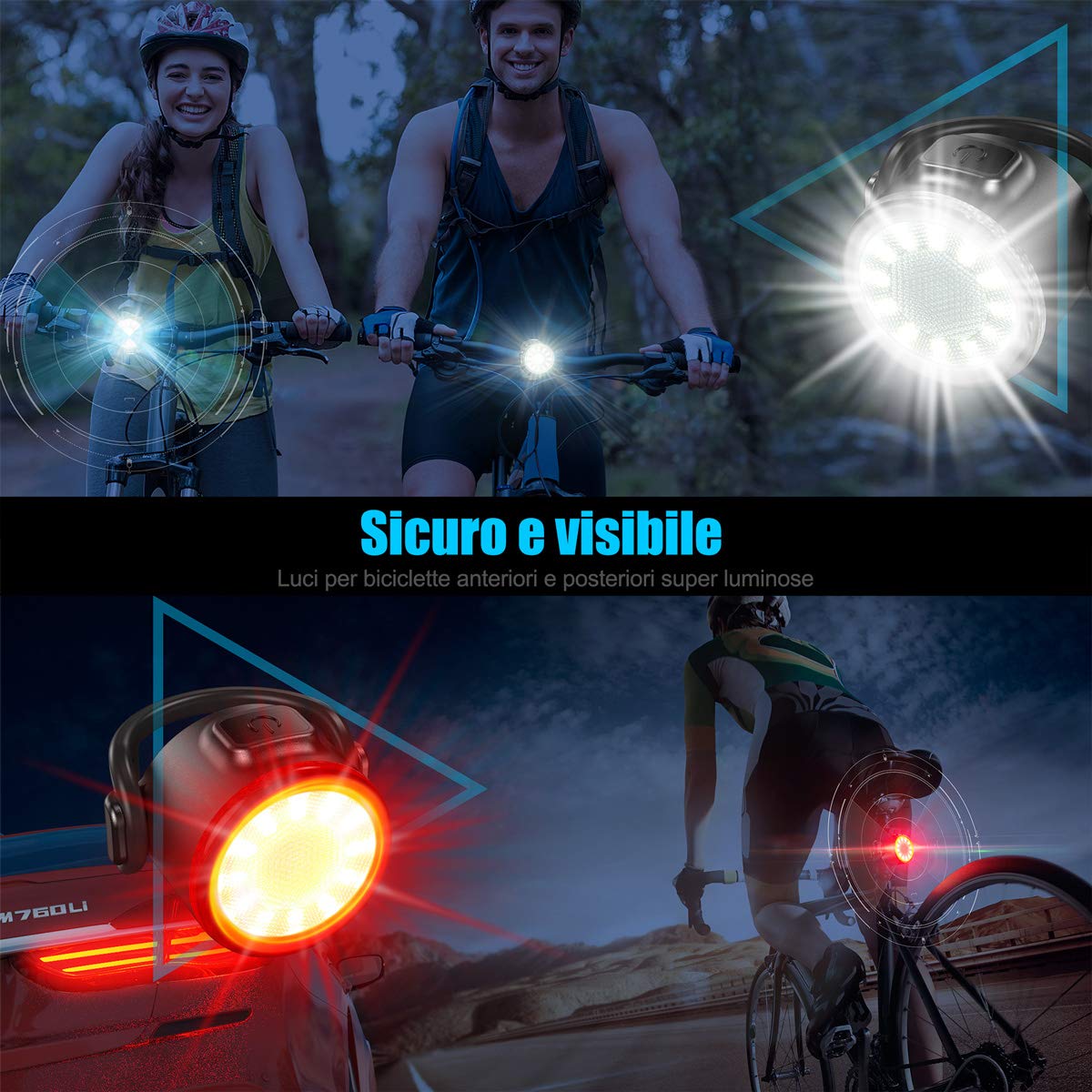 Luci Bicicletta Set, Luci Anteriori e Posteriori della Bicicletta Ricaricabile USB, IPX5 Impermeabile LED Luce Bicicletta, 6 Modalità di Luminosità, Adatto a Tutte le Biciclette e Viaggi Notturni.
