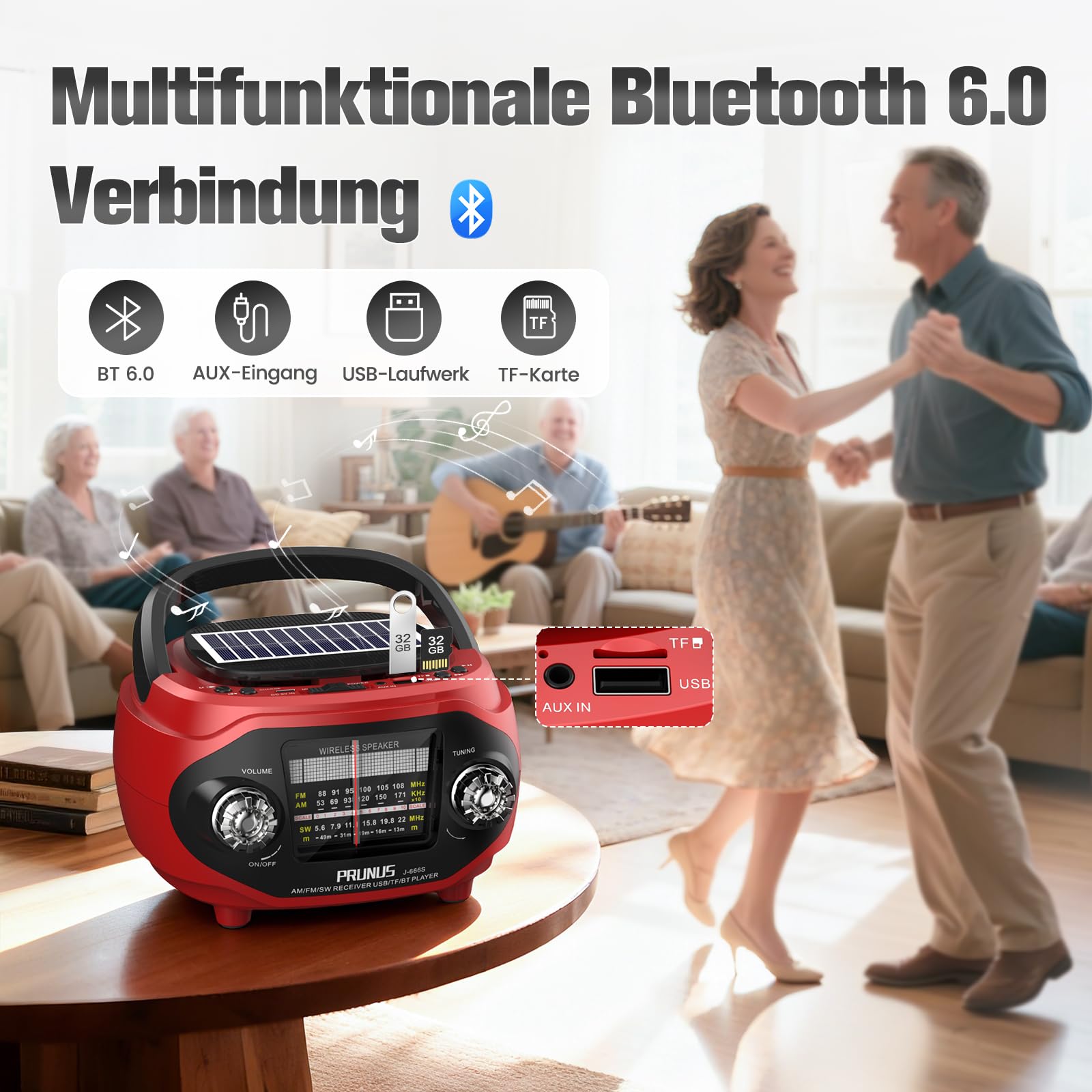 PRUNUS J-666 FM/AM/SW Retro Radio mit Bluetooth, Tragbares Radio mit 1800mAh Akku, Solar/USB-C Aufladbar, Küchenradio mit 15W-Lautsprecher, Satter Bass & Stereo-Sound, USB/TF/AUX Spielen.