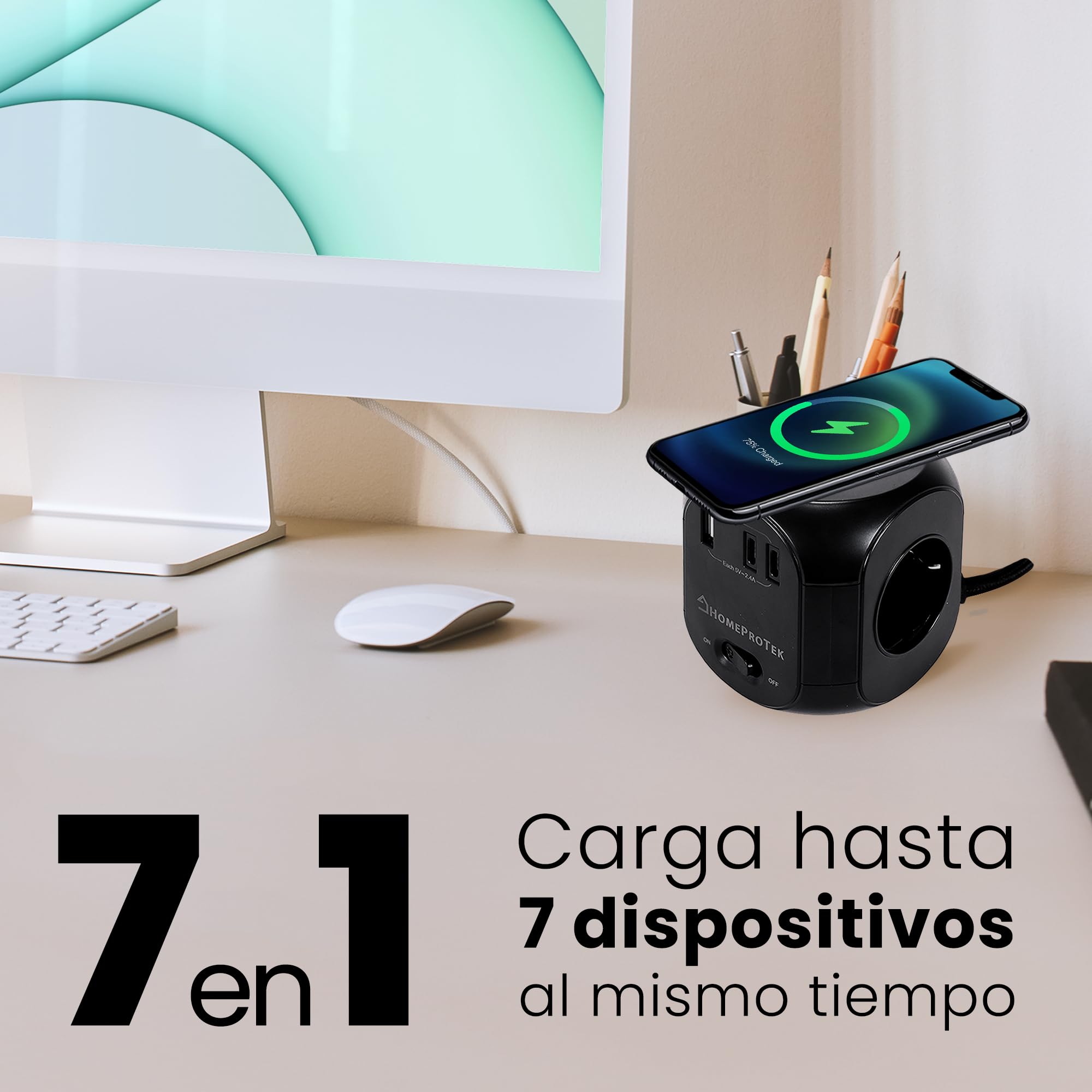 HOMEPROTEK Cubo Regleta USB - Regletas Enchufes con Cargador Inalámbrico - Ladron Enchufes con 3 AC, 2 Puertos USBC y 1 USBA - Enchufe Multiple Práctico y Compacto para Uso Diario - Negro