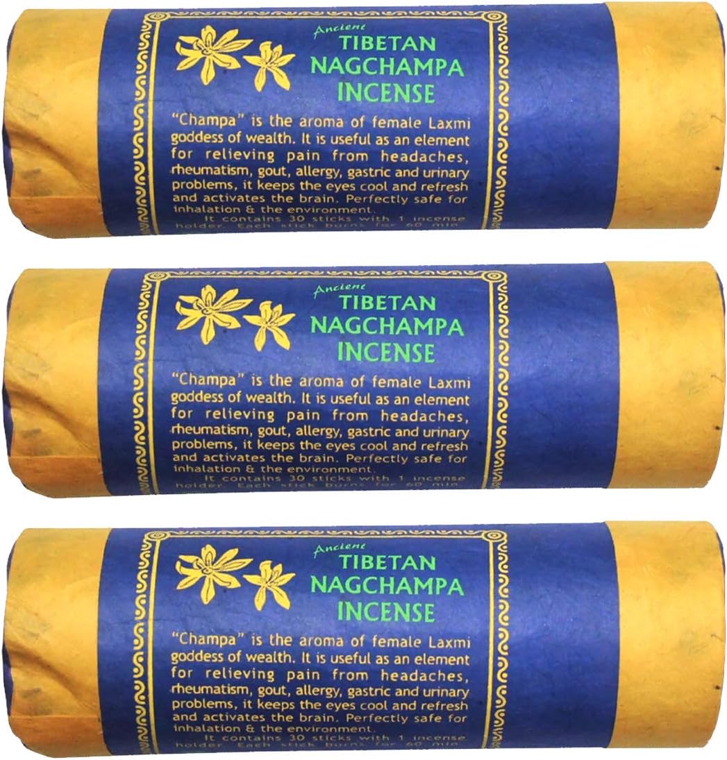 Tibetan Nagchampa Incense, 4.5" Length - 3 Packs, 30 Sticks Per Pack