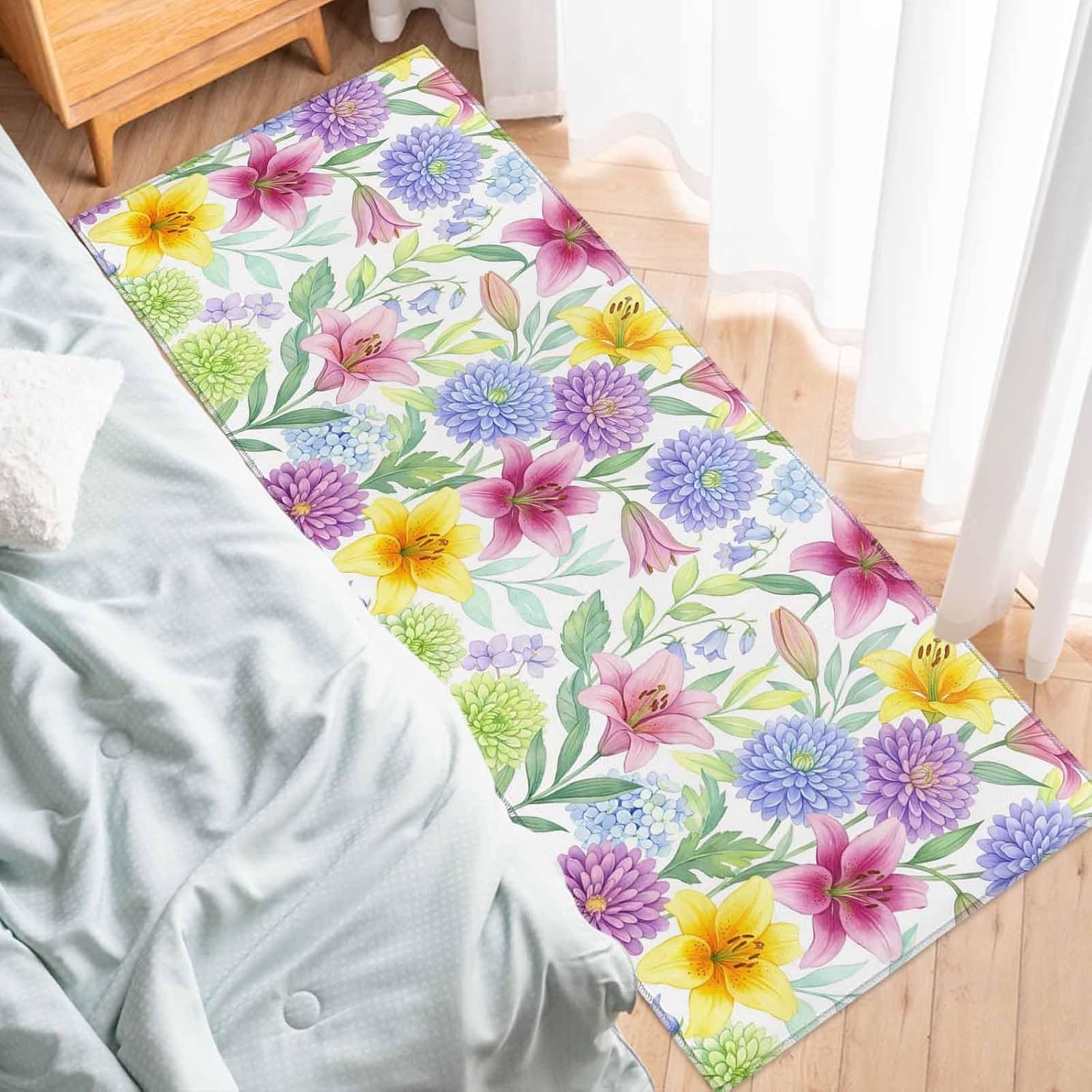 Teamery Kitchen Mats for Floor Watercolor Spring Blossom Flower Washable Non Slip Kitchen Rugs 1PCS, Hydrangea Lily Floral Absorbent Standing Mats for Sink Bathroom Office Living Room 23.6x70.9in