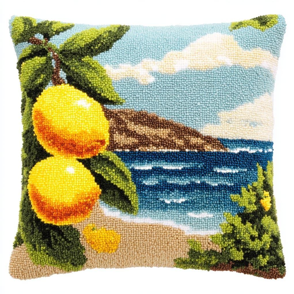 WallustrioaW Latch Hook Pillowcase Cushion Kits,Coconut Trees by the sea,Latch Hook kit Cushion Throw Pillow Embroidery Craft for Beginner Hobby & Craft,17x17in