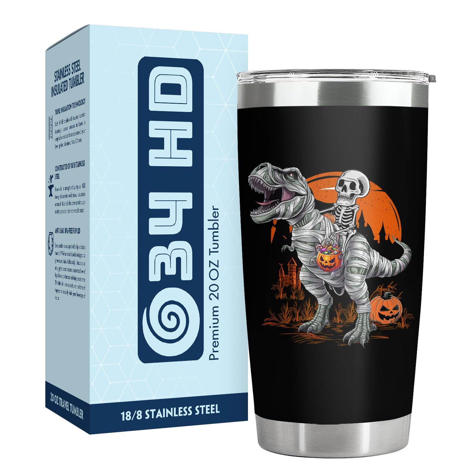 34HD Skeleton Tumbler with Lid, 20 Oz Skeleton Riding Dinosaur Mug, Funny Trick Rawr Treat Cup, Dinosaur Gifts for Halloween Chritsmas, Funny Dino Gifts for Teen Boy Girl Kids