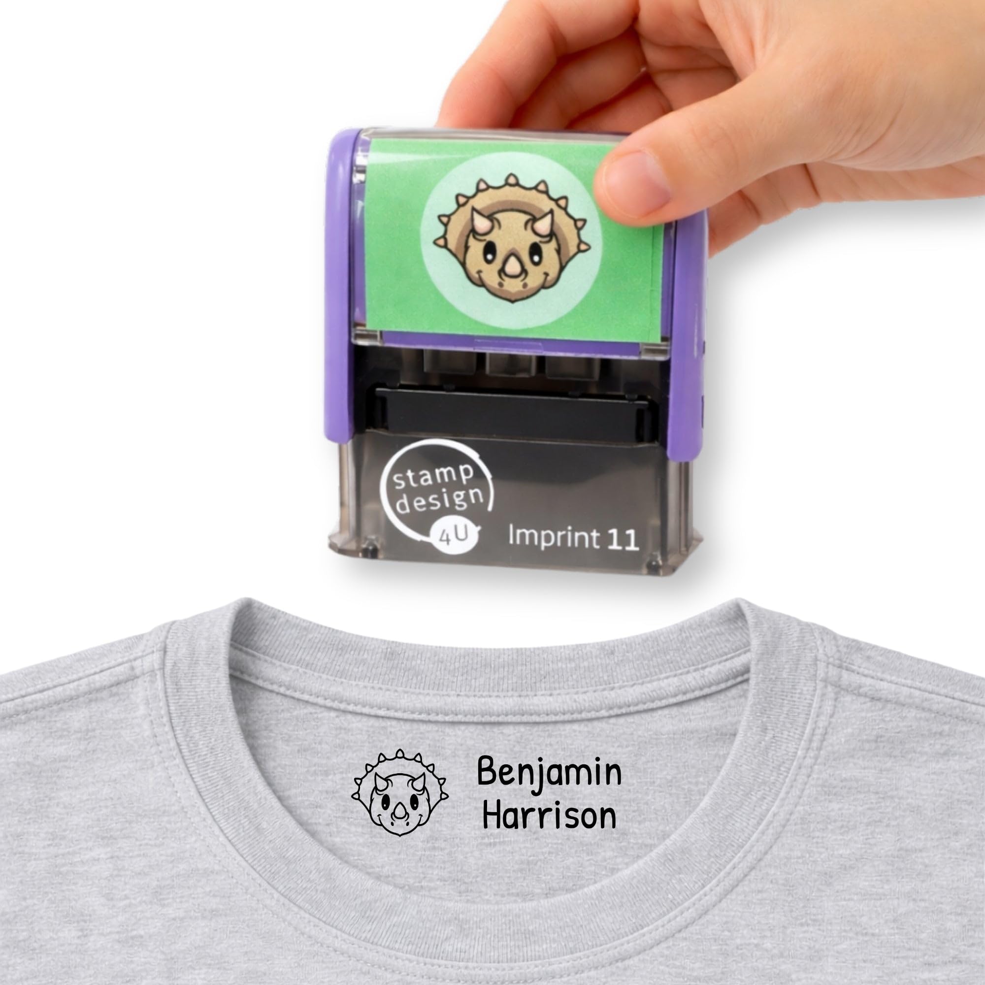 Personalised Kids Clothing Name Stamp Triceratops Print - Machine Wash Friendly Textile Stamp for School Uniforms