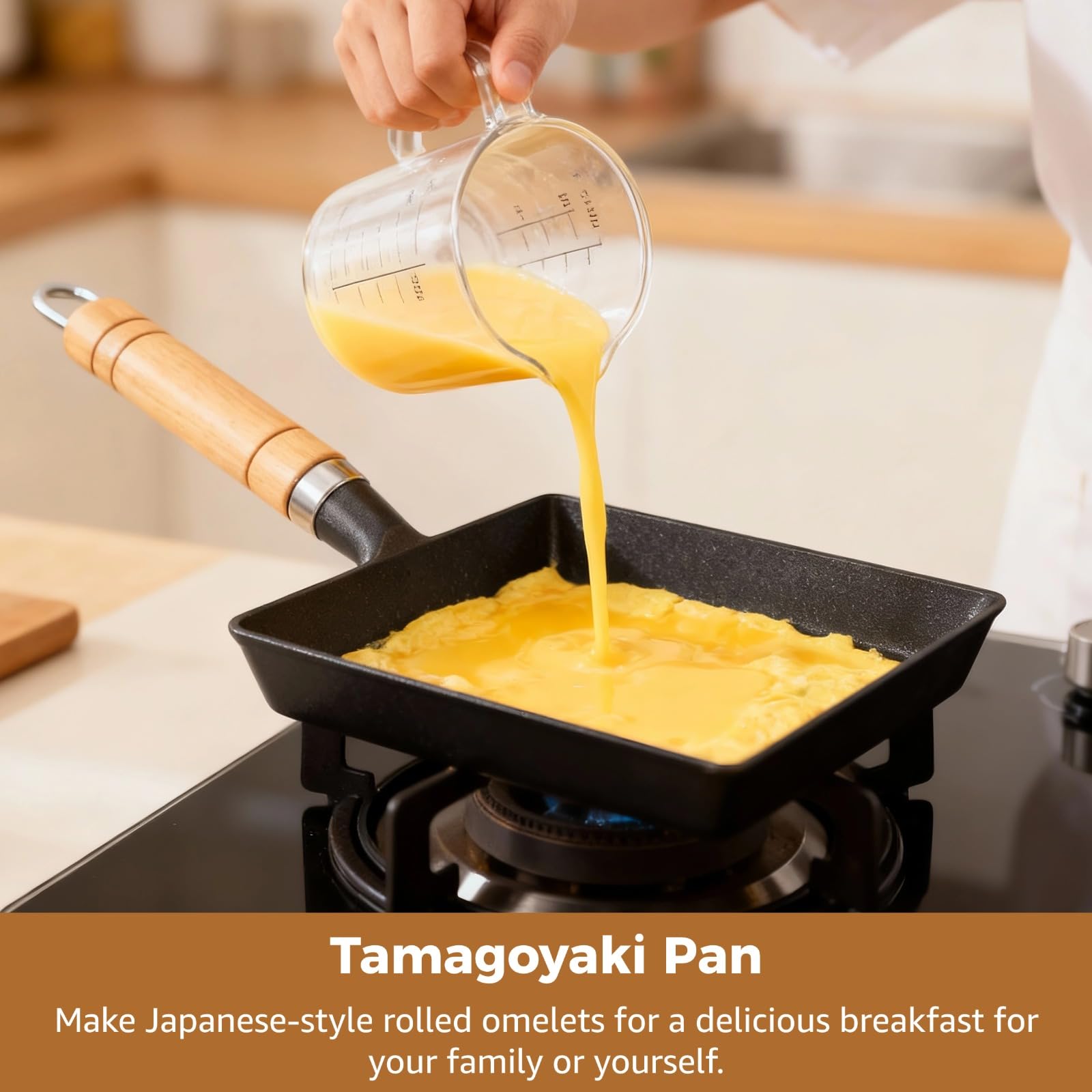 Tamagoyaki Pfanne aus Gusseisen, japanisches Omelett-Pfannenset, quadratische Antihaft-Kochpfanne mit Holzgriff, Holzdeckel, Silikonpinsel und Edelstahlspatel, für Eierrollen und mehr