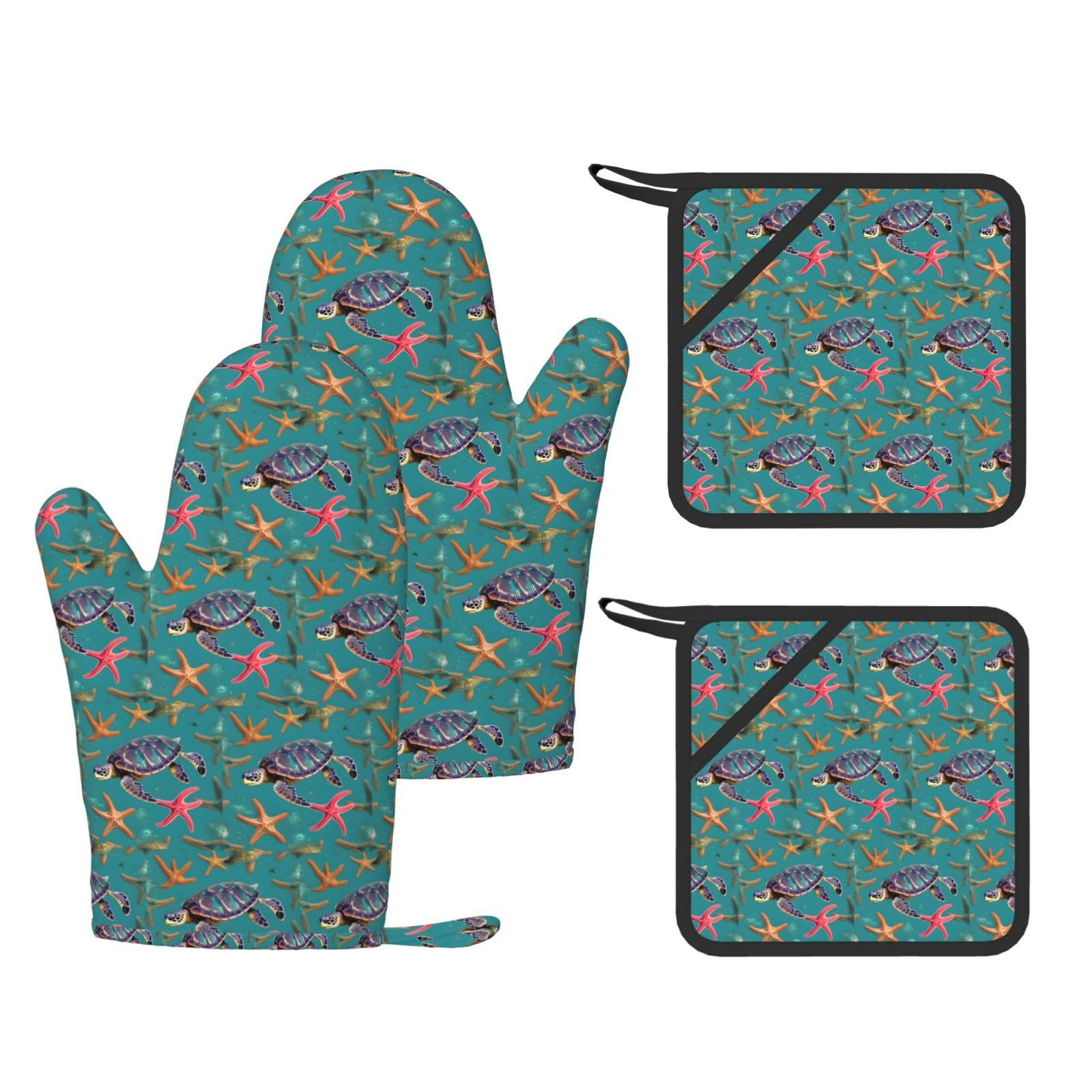 Sea Turtle Starfish pattern Printed Pot Holders and Oven Mitts 4-Piece, Non-Slip Kitchen Gloves with Utensil Pocket for BBQ