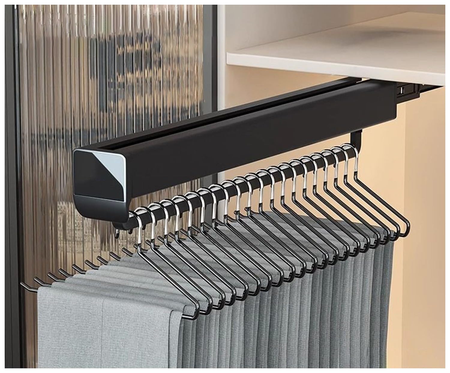 OLSKFUH Pull-Out Trouser Rack Removable Pull-Out Rack Wardrobe Storage Expandable Space Saving Drawer-Style Hanger Rod Rolling Trolley,Adjustable Pullout Clothes Hanger Barspace,B-52.5cm