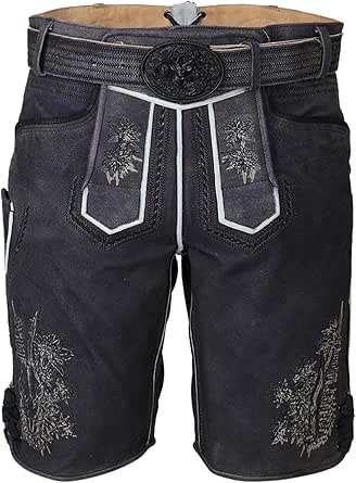 Krüger Herren Lederhose Kurz - Echtleder Mit Stickerei & Gürtel