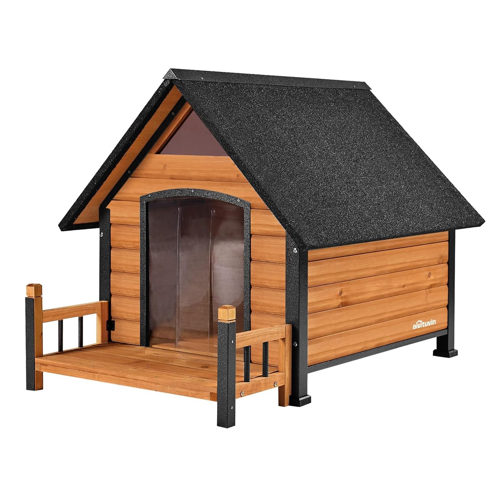 Aivituvin Outdoor Hundehaus, Wasserdichtes Welpen Schutzhaus, Indoor Hundehütte mit erhobenem Boden, beißgeschütztes Design, für kleine bis mittlere Hunde mit Veranda (Braun, L)