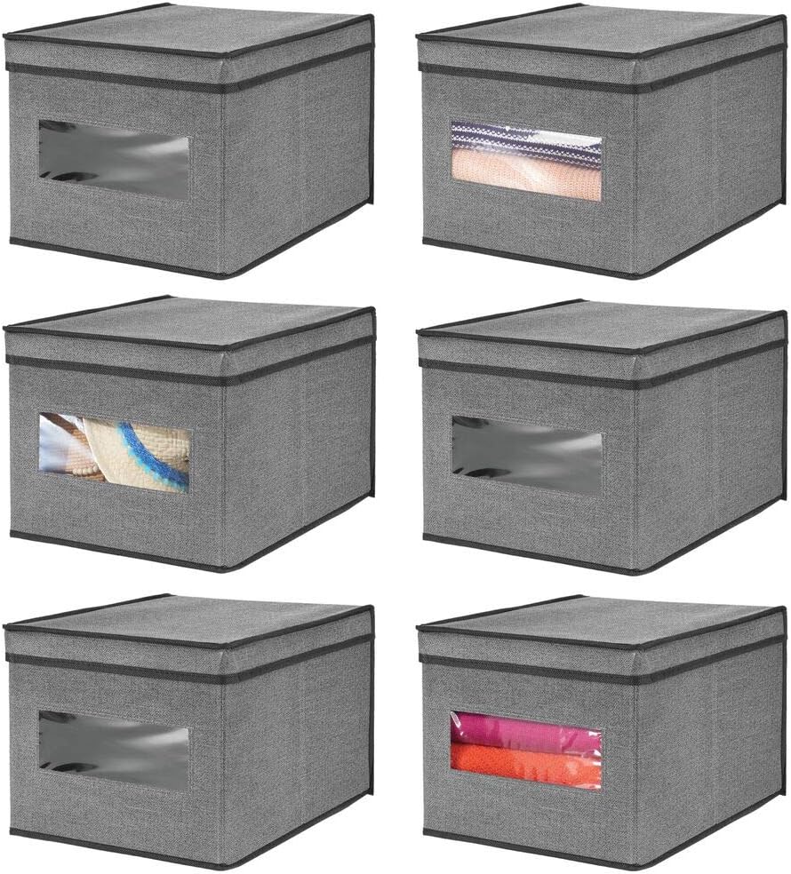 mDesignSet of 6 Storage Boxes – Fabric Storage Cubes with Practical Lid – Ideal as Clothes Storage or Shelf Box – Dark Grey/Black