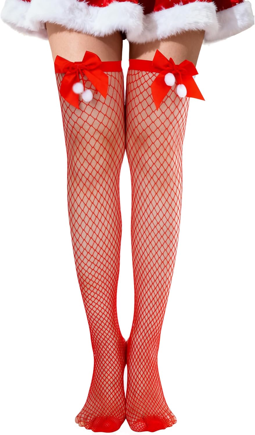 1Pair Christmas Thigh High Stockings with Bow for Women Red Fishnet Stockings Tights High Socks with Bows Santa Accessory