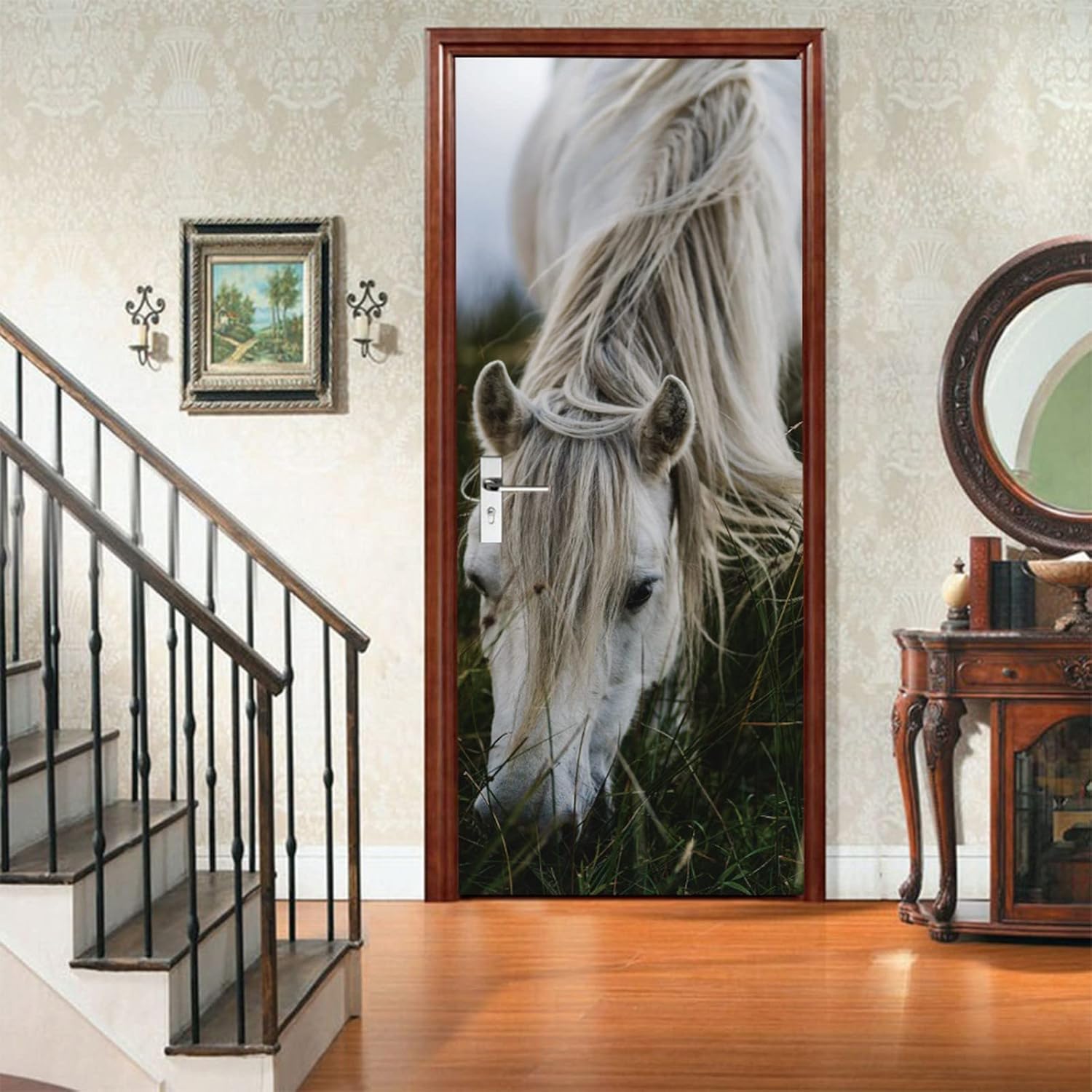 A.Monamour 3D Door Stickers for Interior Doors White Horse Eating Grass in A Meadow Animal Theme Vinyl Removable Self Adhesive Door Poster Wallpaper Mural Decals for Bedroom Office Bathroom 90x200cm