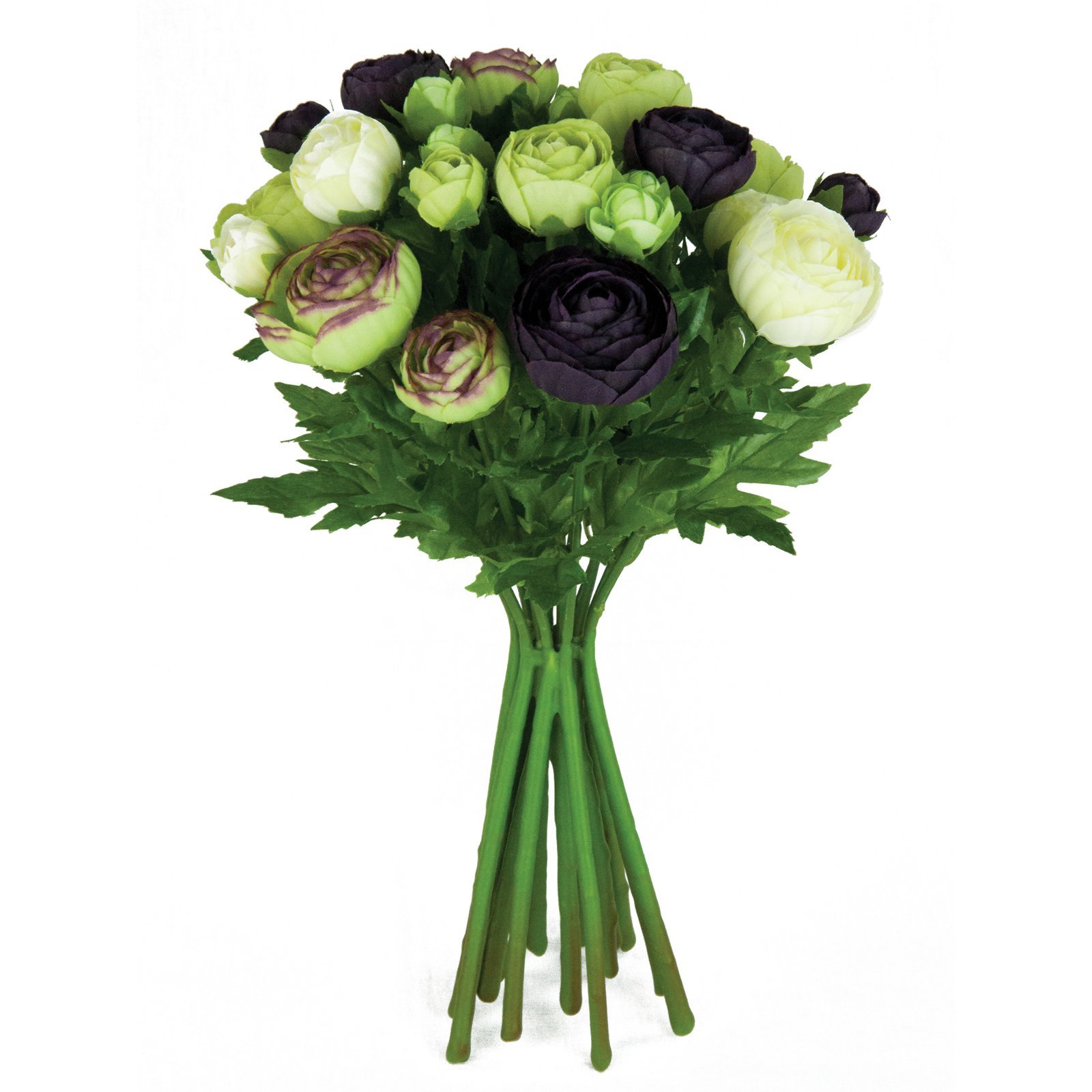 Floristrywarehouse Ivory Artificial Silk Flowers Ranunculus Arrangement Aubergine Cream Green 15 Stems 33Cm