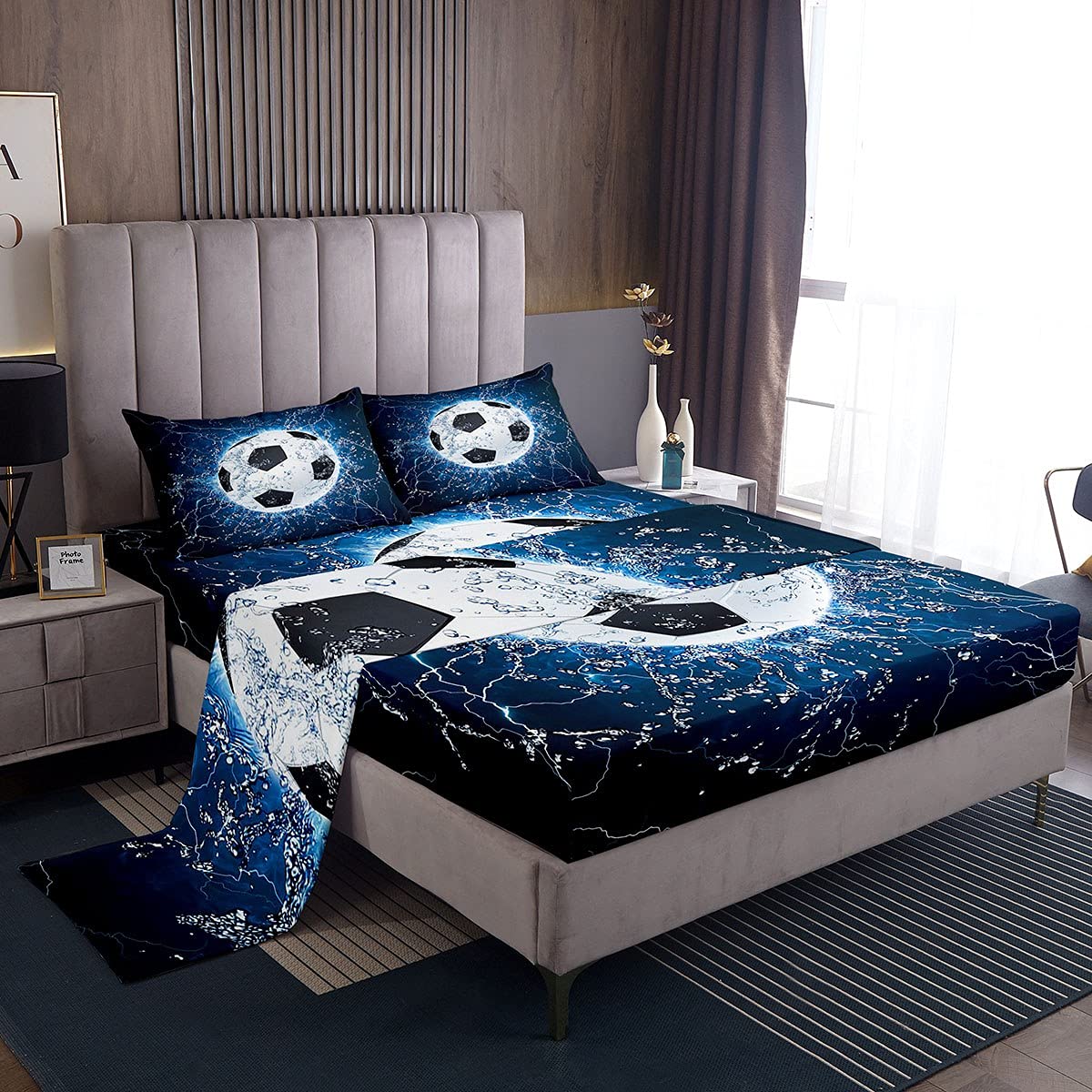 Football Field 3D Bed Sheet Set For Kids & Teens - Twin Size Glowing Soccer Bedding (3 Piece: Fitted, Flat, Pillowcase)