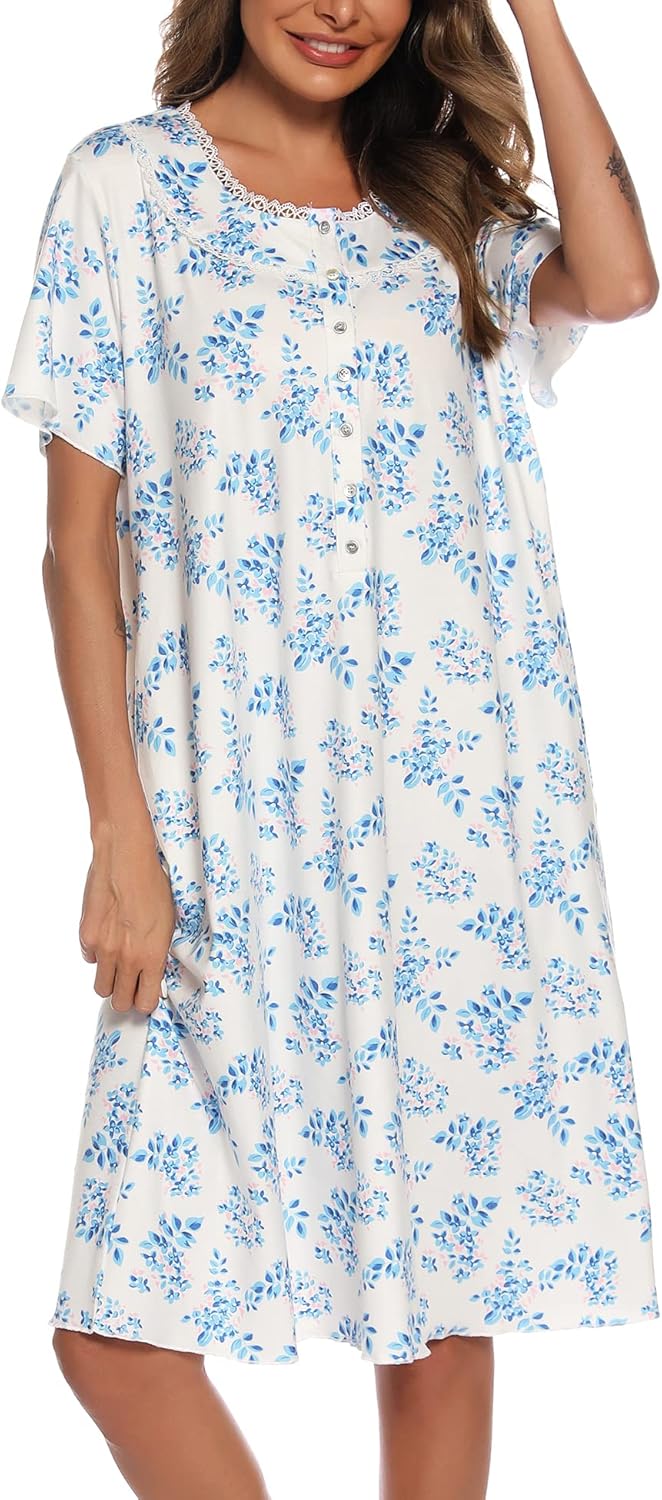 COSUNIONY Nightgowns for Women Soft Cotton Short Sleeve Sleep Dress Casual Gowns Sleepwear With Pockets - Image 3