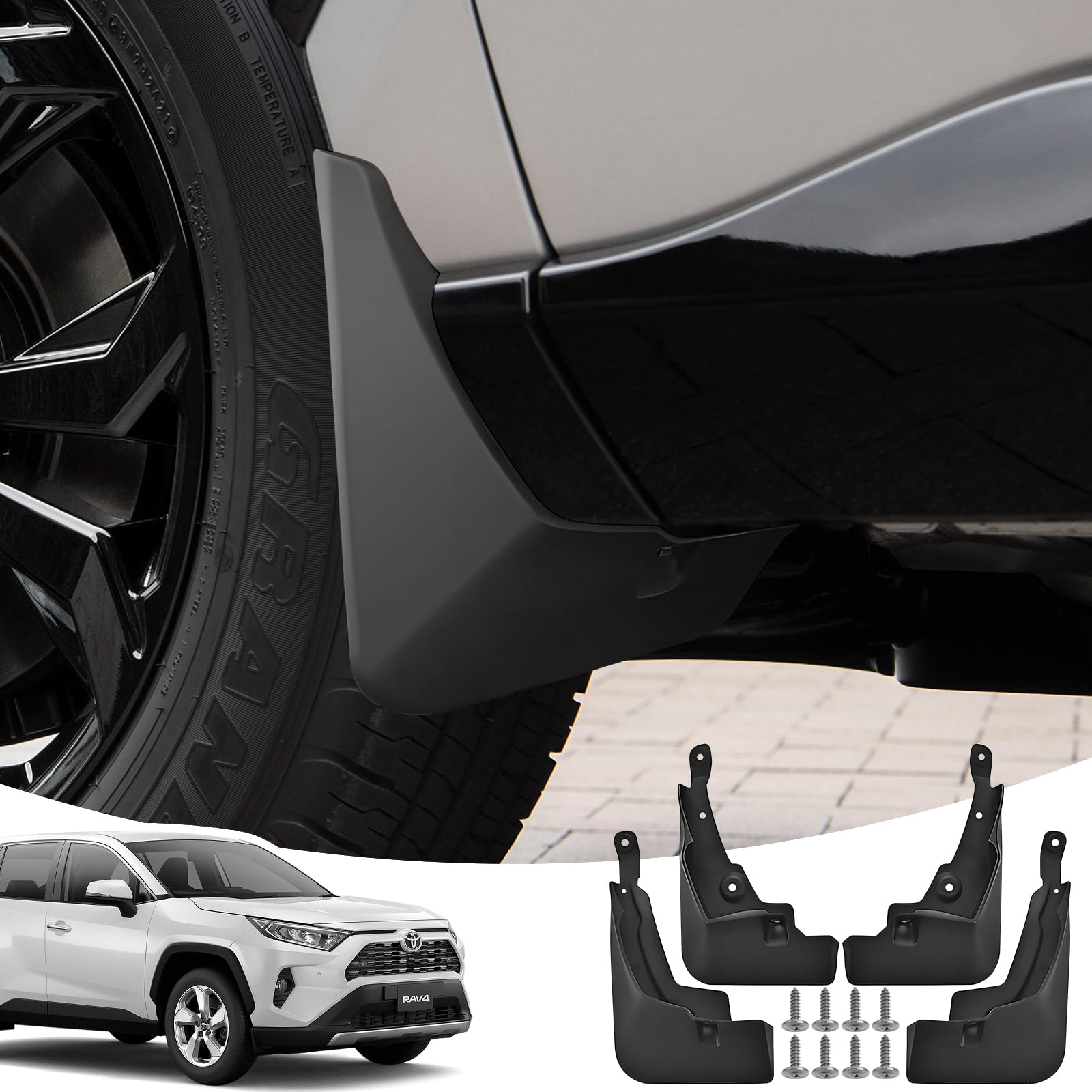 Garde-Boue pour Toyota RAV4 2025 2024 2023 2022 2021 2020 2019, Bavettes Avant et Arrière avec Vis de Montage, Pare Boue Anti-Éclaboussures Accessoires Pas Besoin de Percer [4 Pièces] | Garde-boue avant et arrière, avec vis de montage, aucun perçage néces