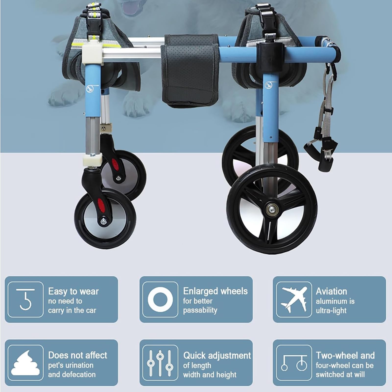 Sedia a rotelle per cani, 4 ruote regolabili, carrello di supporto completo per gambe anteriori e posteriori, leggero aiuto per la mobilità per animali domestici disabili di medie e grandi dimensioni