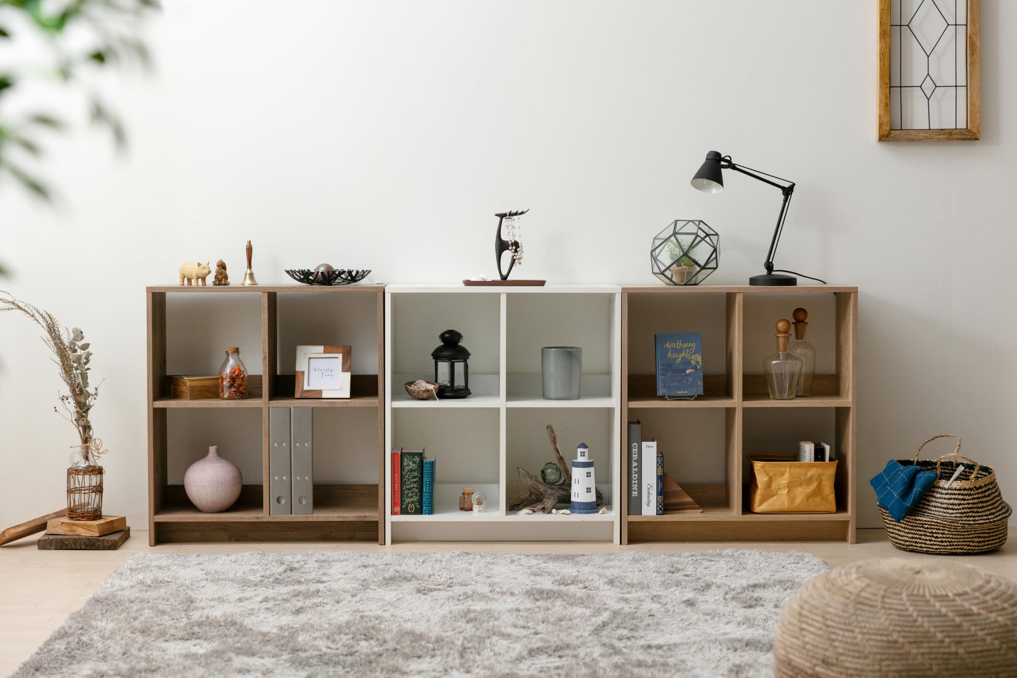 Iris Ohyama, Meuble de Rangement Ouvert, Bibliothèque, Étagère de 4 casiers, Grande capacité, Horizontale & Verticale, Bureau, Chambre, Salon - Wood Open Shelf WOS-4 -Marron Clair