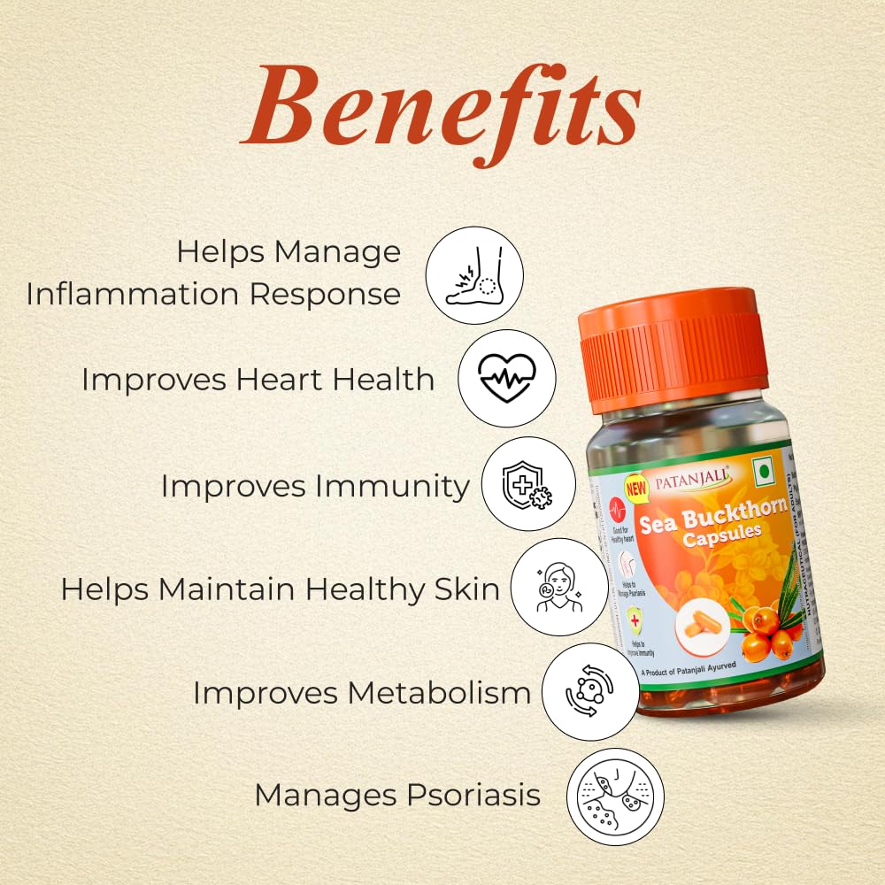 Patanjali Sea Buckthorn Fruit Berry Oil 500mg - 30 Veg HPMC Capsules | Rich in Omega 3, 6 & 9 | Dietary Supplement for Heart Health, Immunity & Deep Skin Hydration (Pack of 3) — Amazon image 3