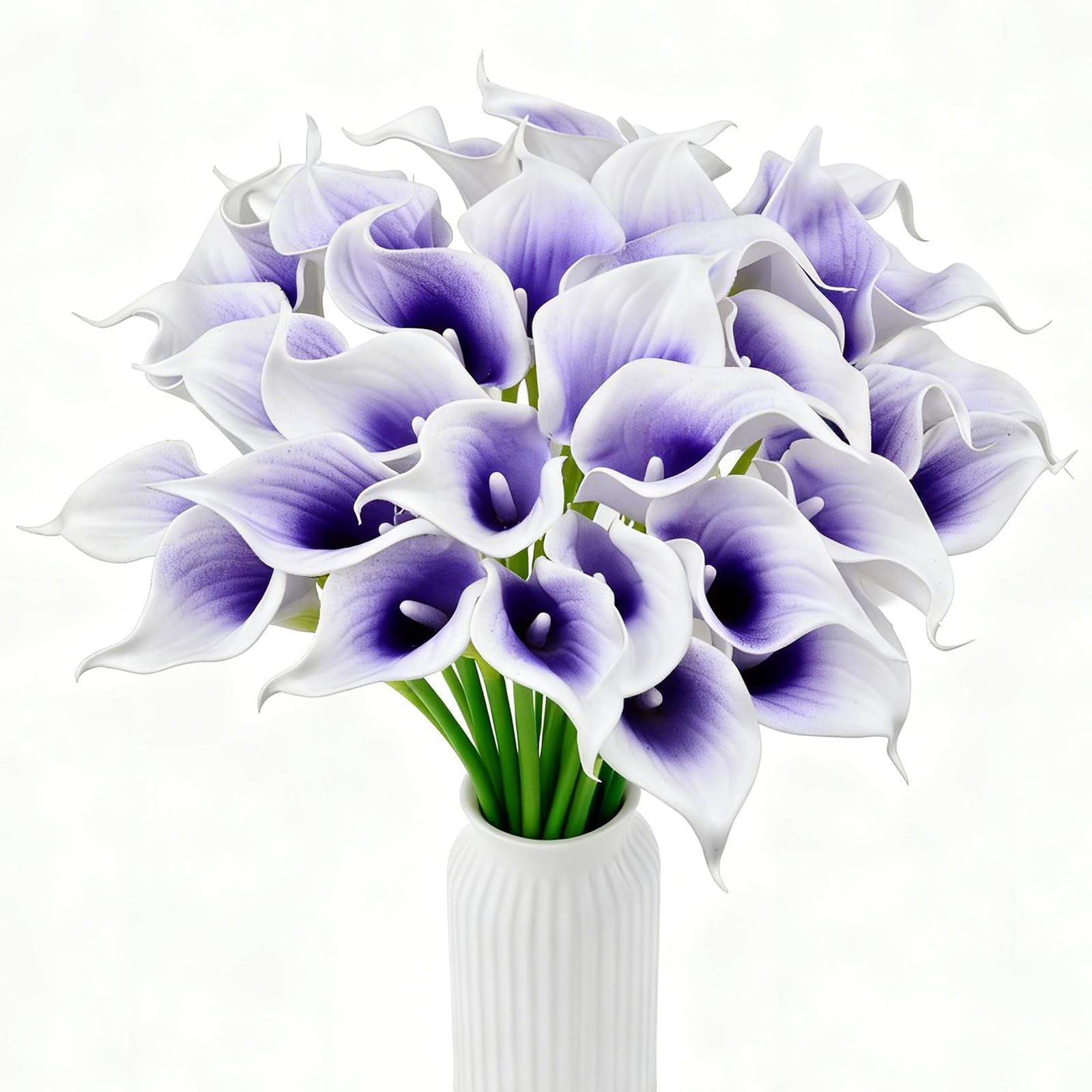Calla Lily Bridal Wedding Festival Decor Bouquet Real Touch Latex Flower Bouquet Pack of 20 (Purple-White)