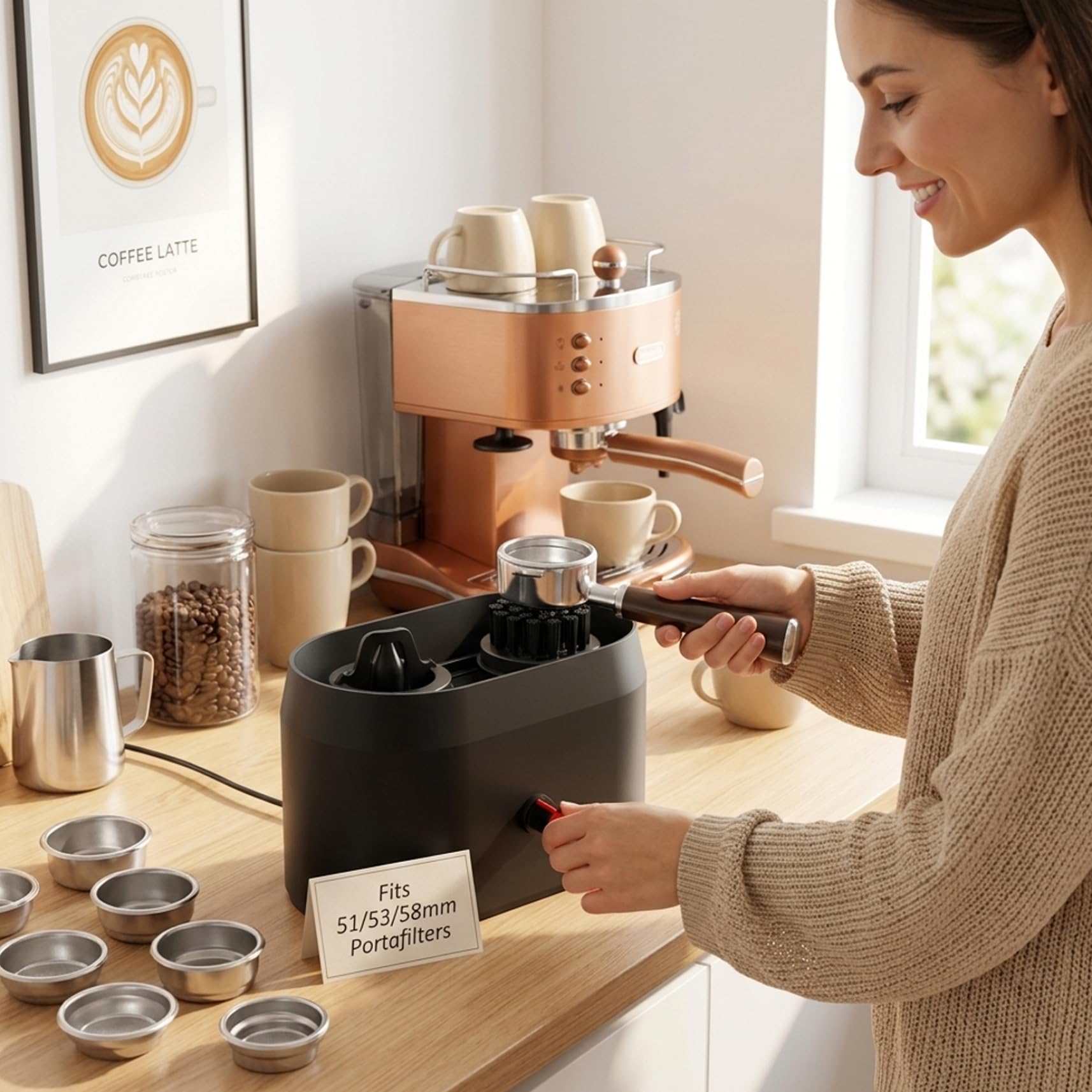 Limpiador automático de portafiltros Kit de limpieza de portafiltros de café con cepillo dedicado Limpiador automático con soporte estable para de espresso.