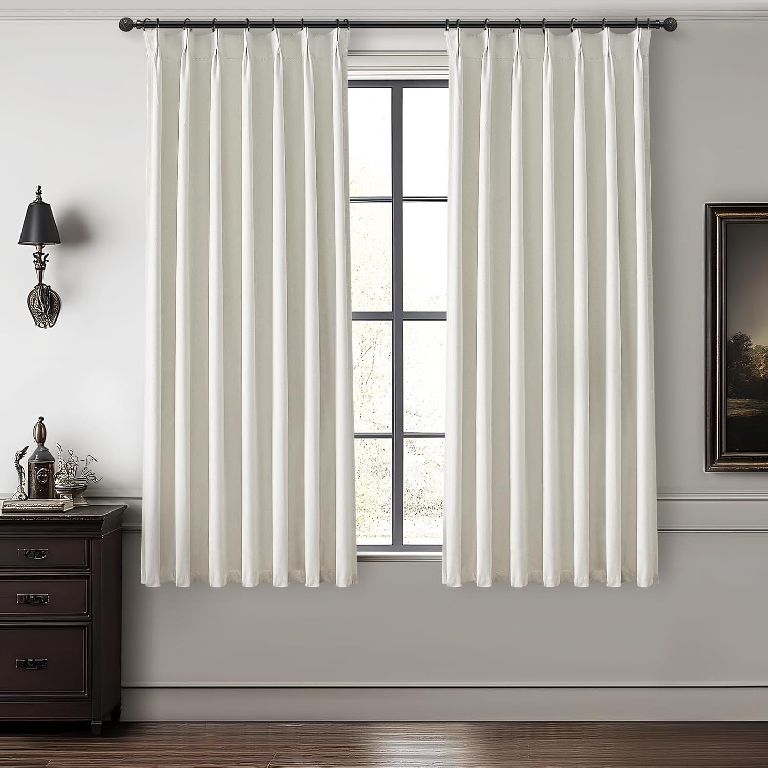 Beige White Pinch Pleated Linen Mini Curtains for Small Window 2 Panels Set, Pretty 100% Blackout Curtains 45 Inches Long Hooks Rings Back Tab for Kitchen Windows Insulated Privacy Drapes Beige White 40"W x 45"L (Pack of 2)