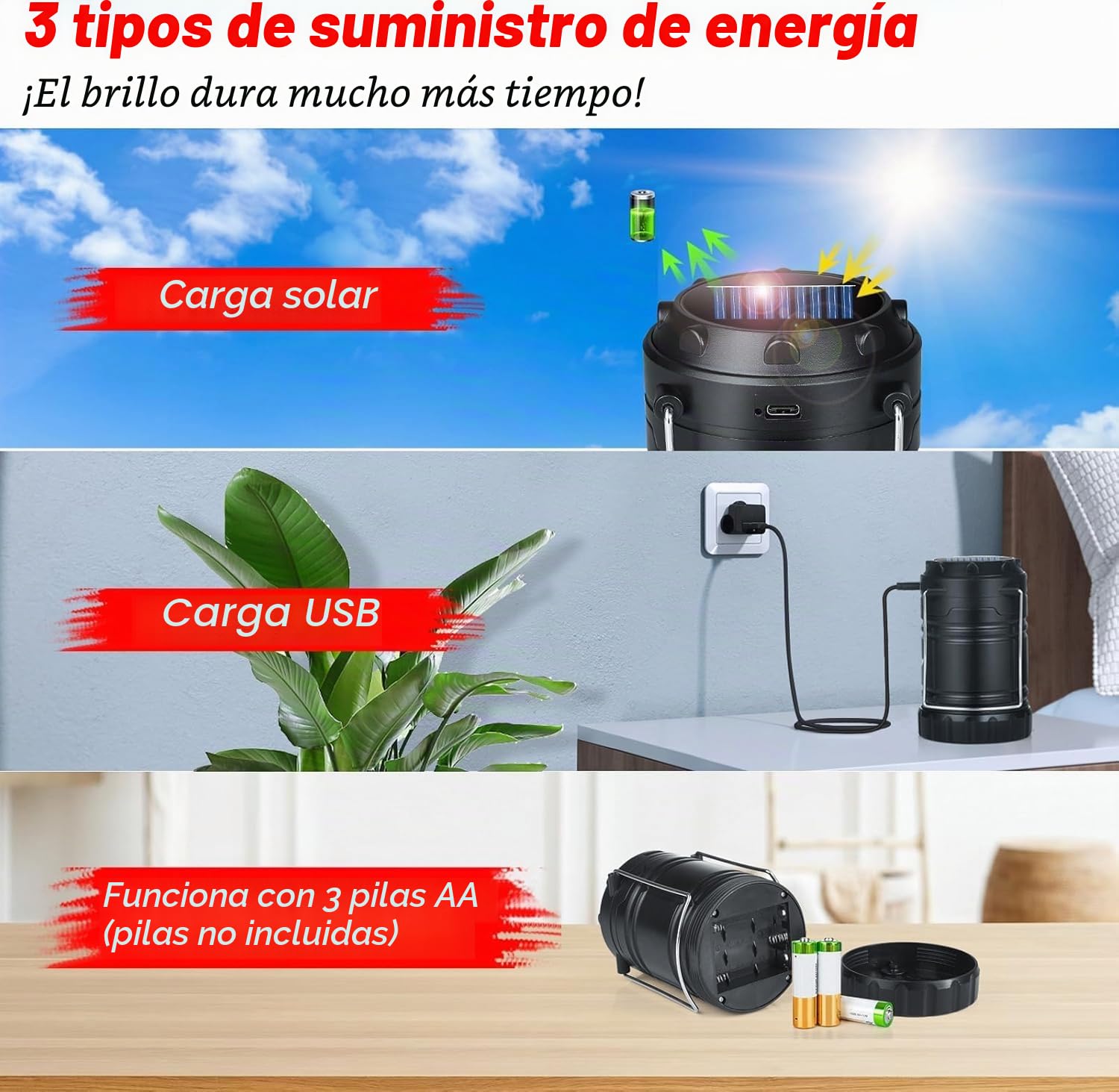 Xynover Paquete de 4 linternas solares para camping, LED recargables con batería USB/solar/AA, base magnética, gancho para colgar, plegable, impermeable para emergencias, senderismo, huracán