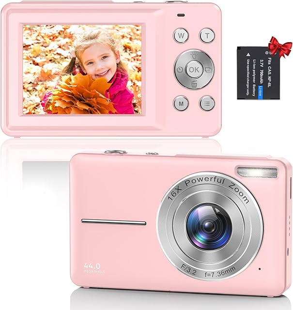 Digital Camera, 1080P HD 44MP Kids Digital Camera(No memory card), 2.4" LCD Screen Rechargeable Compact Camera with 16X Digital Zoom Camera for Kids, Boys Girls, Adult,Teenagers, Students (Pink)
