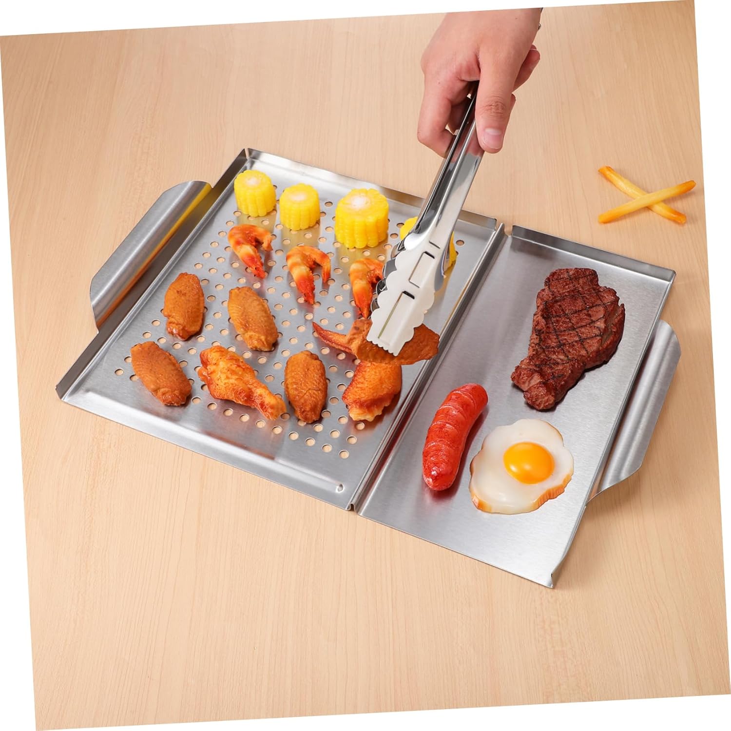 Amosfun 1Set Stainless Steel Grilling Tray with Food Tong Perforated Bbq Grill Serving Platter for Outdoor Cooking Easy to Clean for Even Cooking and Flavor Enhancement